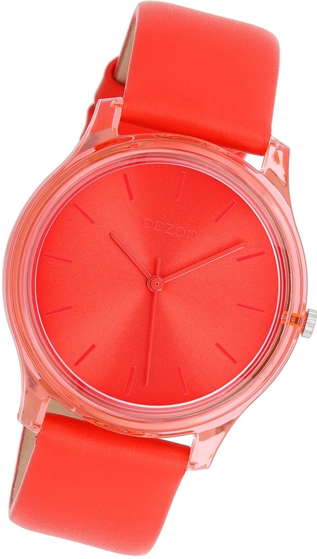 OOZOO Quarzuhr Oozoo Damen Armbanduhr Timepieces, Damenuhr Lederarmband rot, rundes Gehäuse, mittel (ca. 36mm)