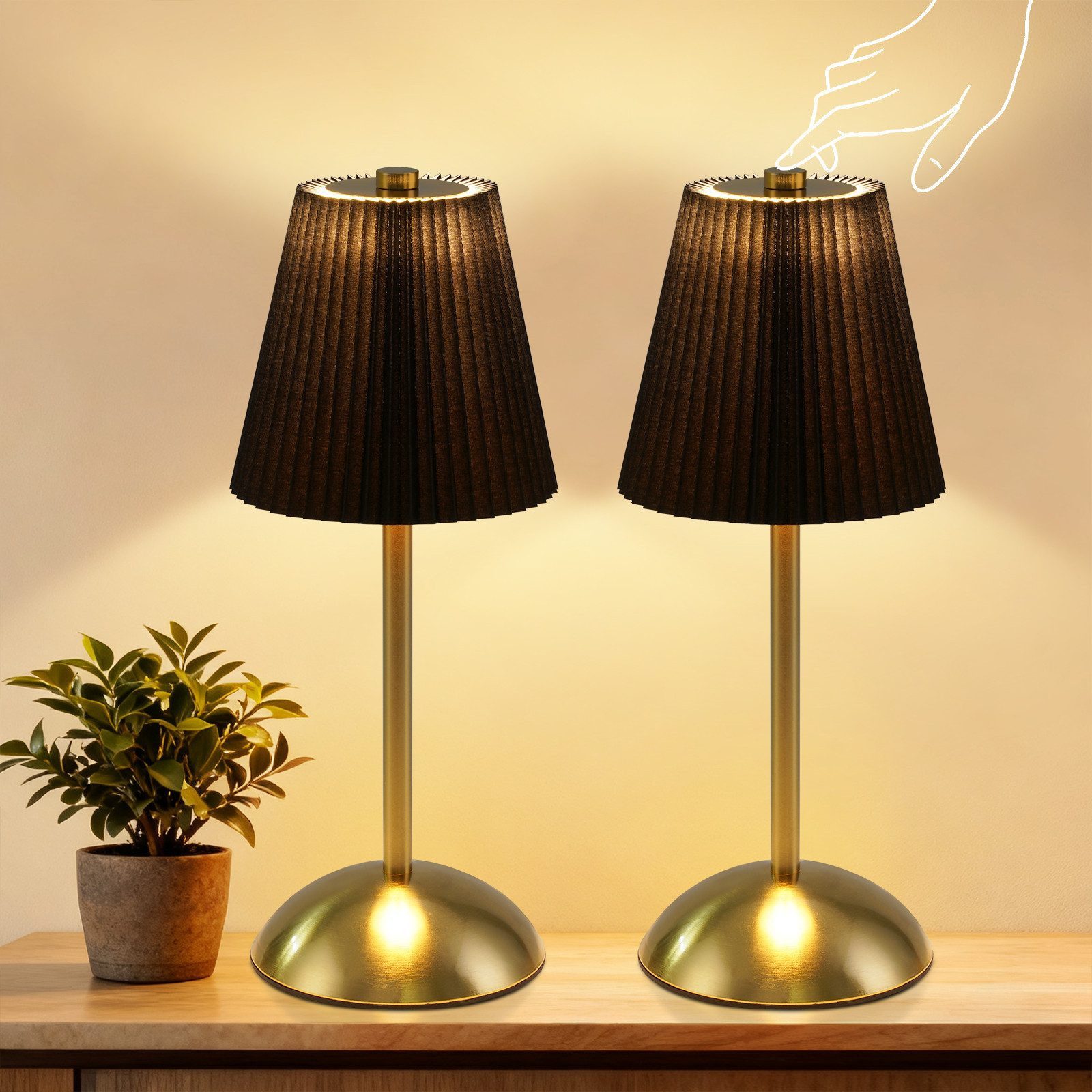 ZMH LED Tischleuchte 2er-Set, kabellose Akku-Nachttischlampe mit Stoffschirm, 3 Lichtfarben, LED fest integriert, 3000-6500K, Touch dimmbar, USB-C