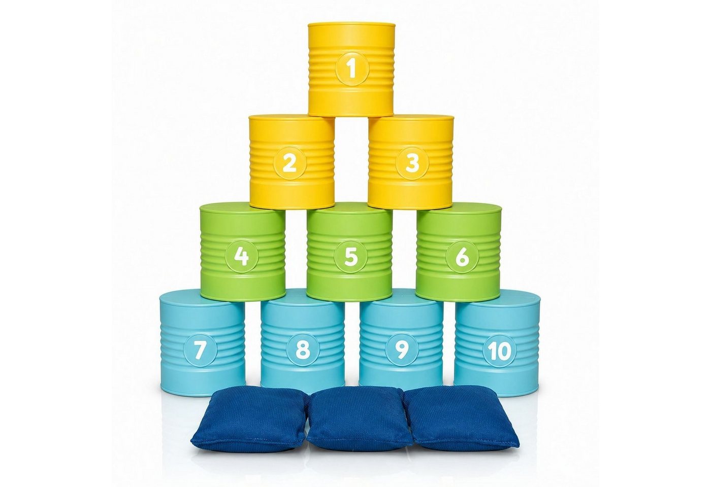 alldoro Spiel Dosenwerfen-Set für Kinder mit 10 bunten Kunststoffdosen, Dosenwurf-Spiel für drinnen & draußen, ideal für Kindergeburtstag