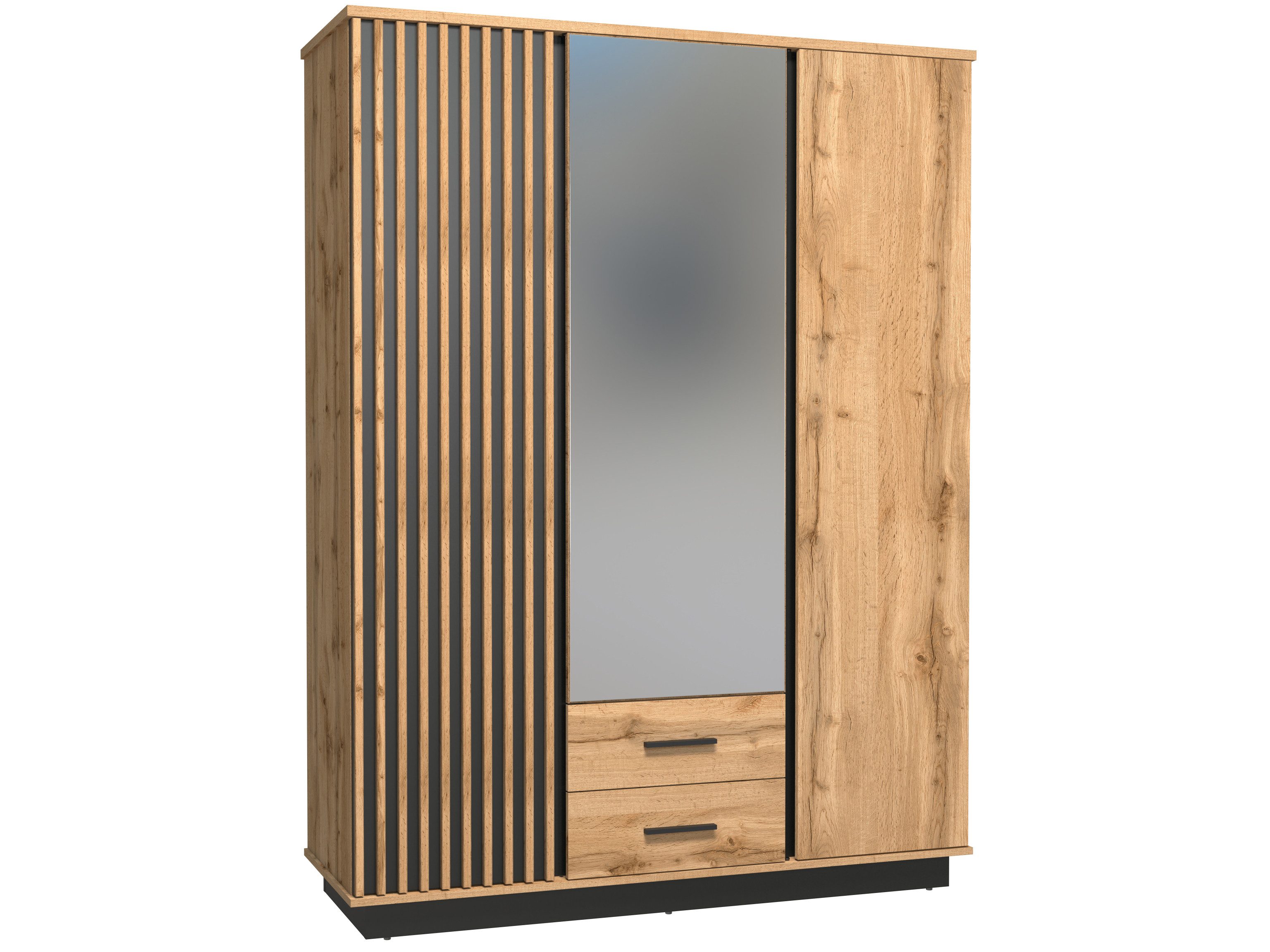 Beautysofa Drehtürenschrank mit Spiegel und zwei Schubladen Lamelo (mit zwei Schubladen, praktisch, viel Stauraum, Kleiderstange und dekorativen Lamellen) mit praktischer Kleiderstange, viertürig