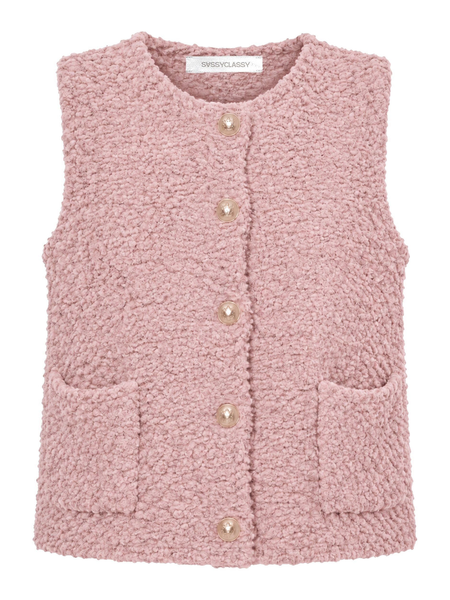 SASSYCLASSY Kurzweste Bouclé-Weste mit aufgesetzten Taschen für Damen Weiche Weste mit goldfarbenen Knöpfen Hellgrau – Bild 3 von 5
