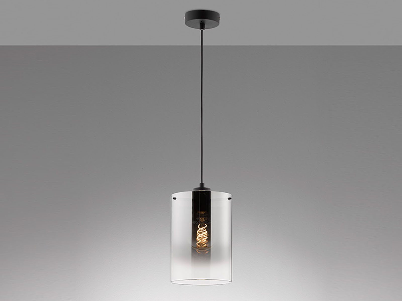 FISCHER & HONSEL LED Pendelleuchte, Dimmfunktion, LED wechselbar, Warmweiß, Lampenschirm Zylinder Rauch-Glas hängend einflammig Ø 18cm klein