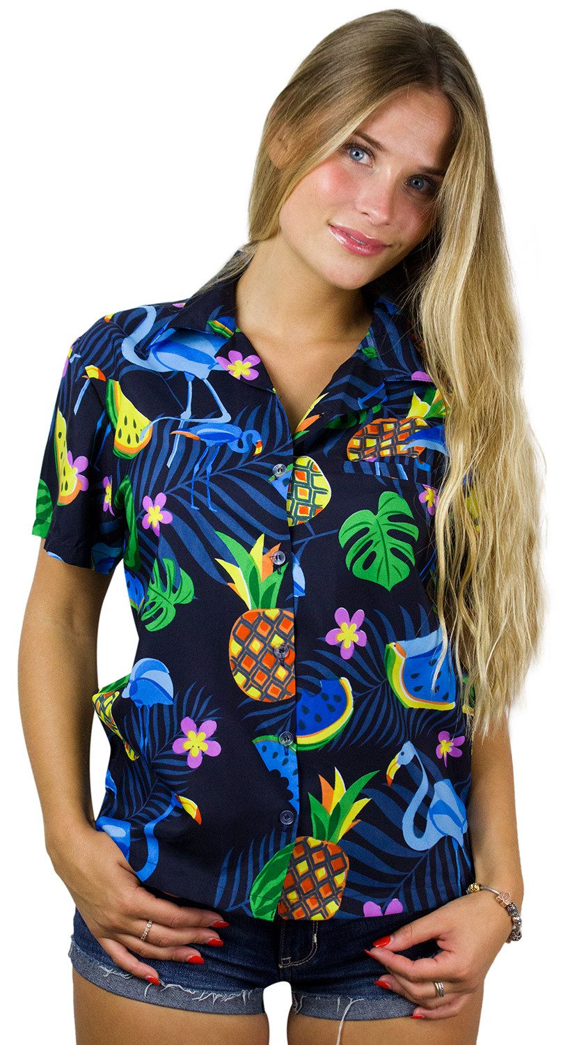 Hawaiihemd Flamingo Melone Funky Hawaiibluse Damen Kurzarm Front-Tasche Stylish