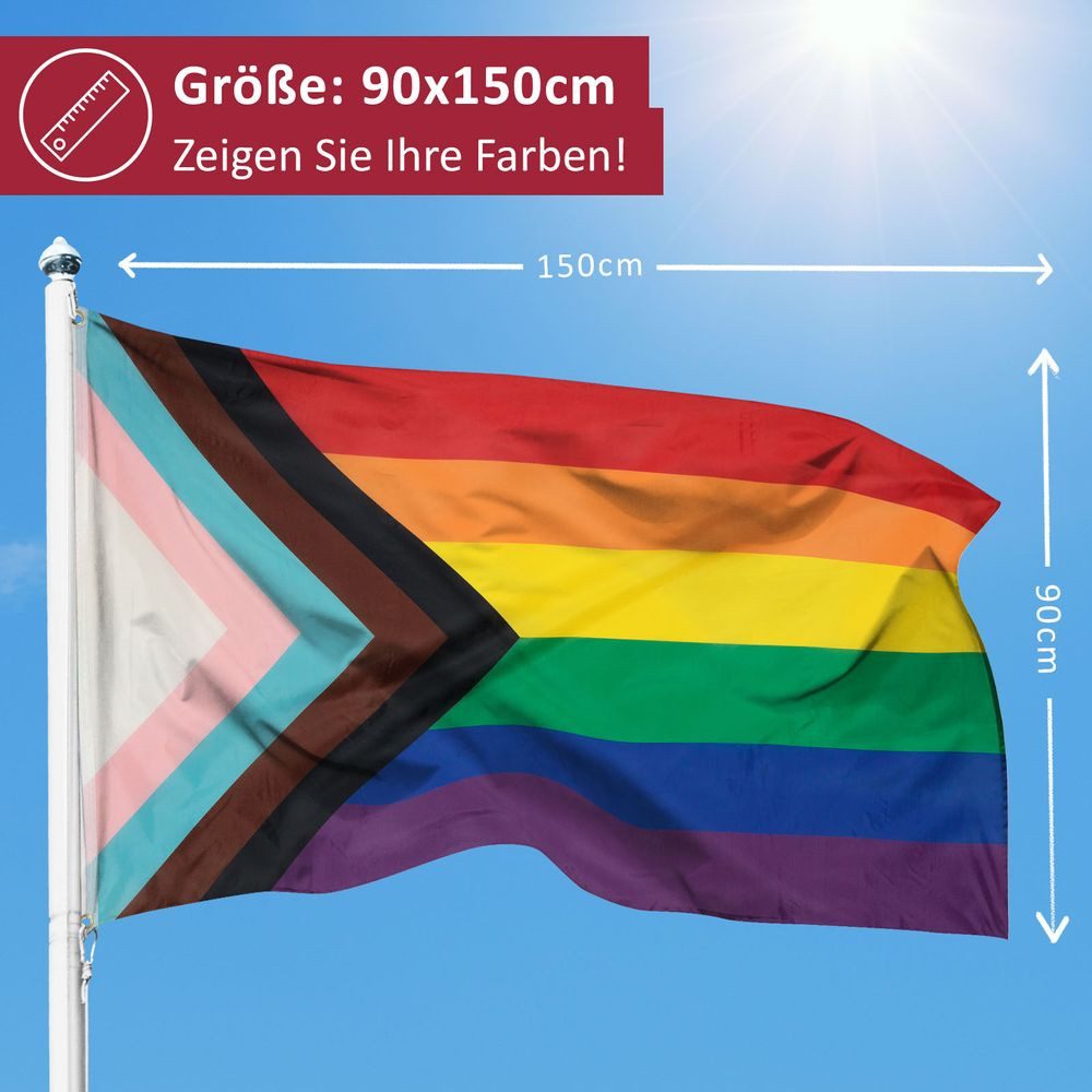 PHENO FLAGS Flagge Progress Flagge Pride Regenbogen Fahne Lgbtq Progressfahne (Hissflagge für Fahnenmast), Inkl. 2 Messing Ösen