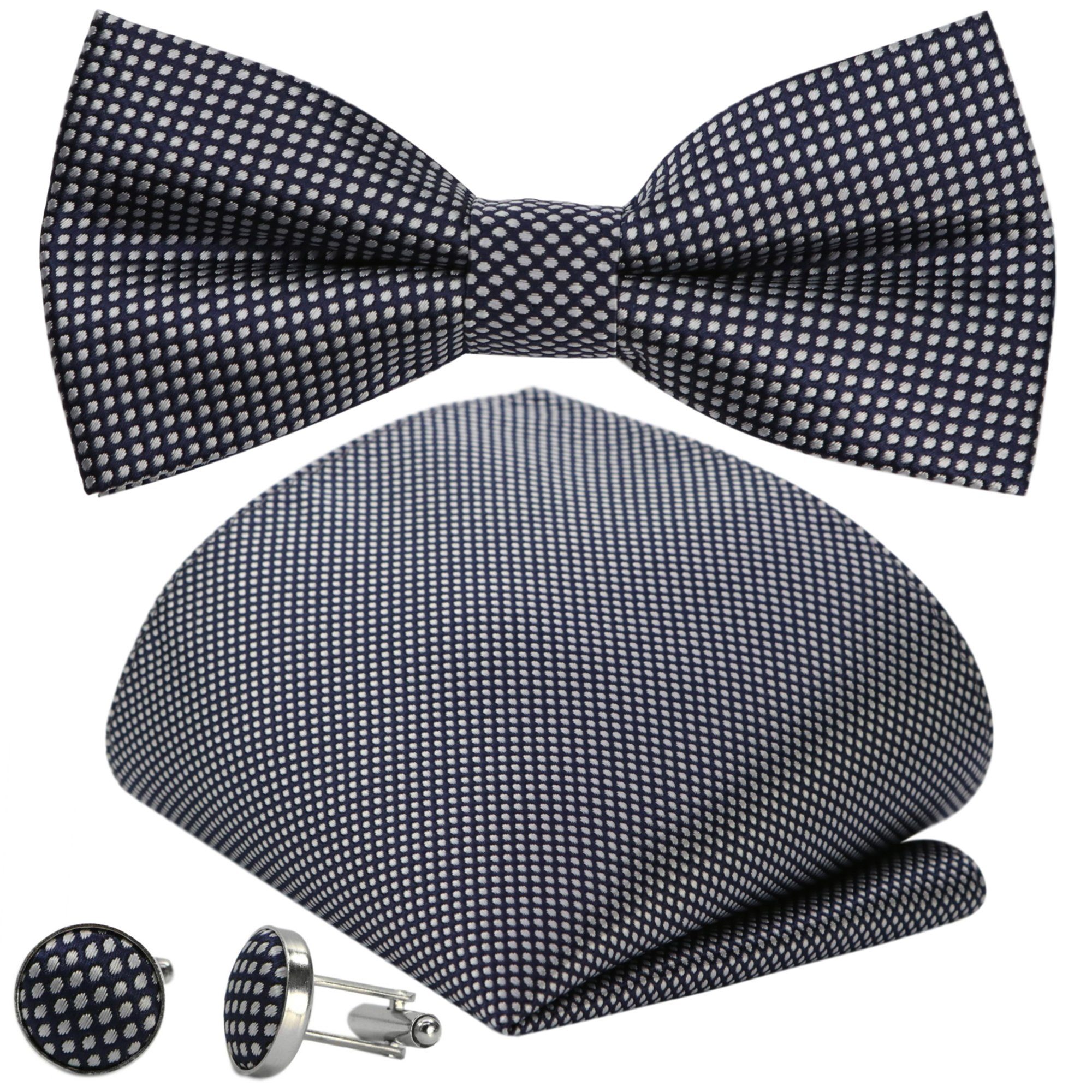 GASSANI Fliege Hochzeitsfliege Tuch Festlich, Karo Herren-Fliege Hochzeit Schleife (Set, 3-St., Fliegenset, mit Einstecktuch, Manschettenknöpfe) Kariert Gepunktet Punkte Tupfen, Vorgebunden Verstellbar, Seide Touch