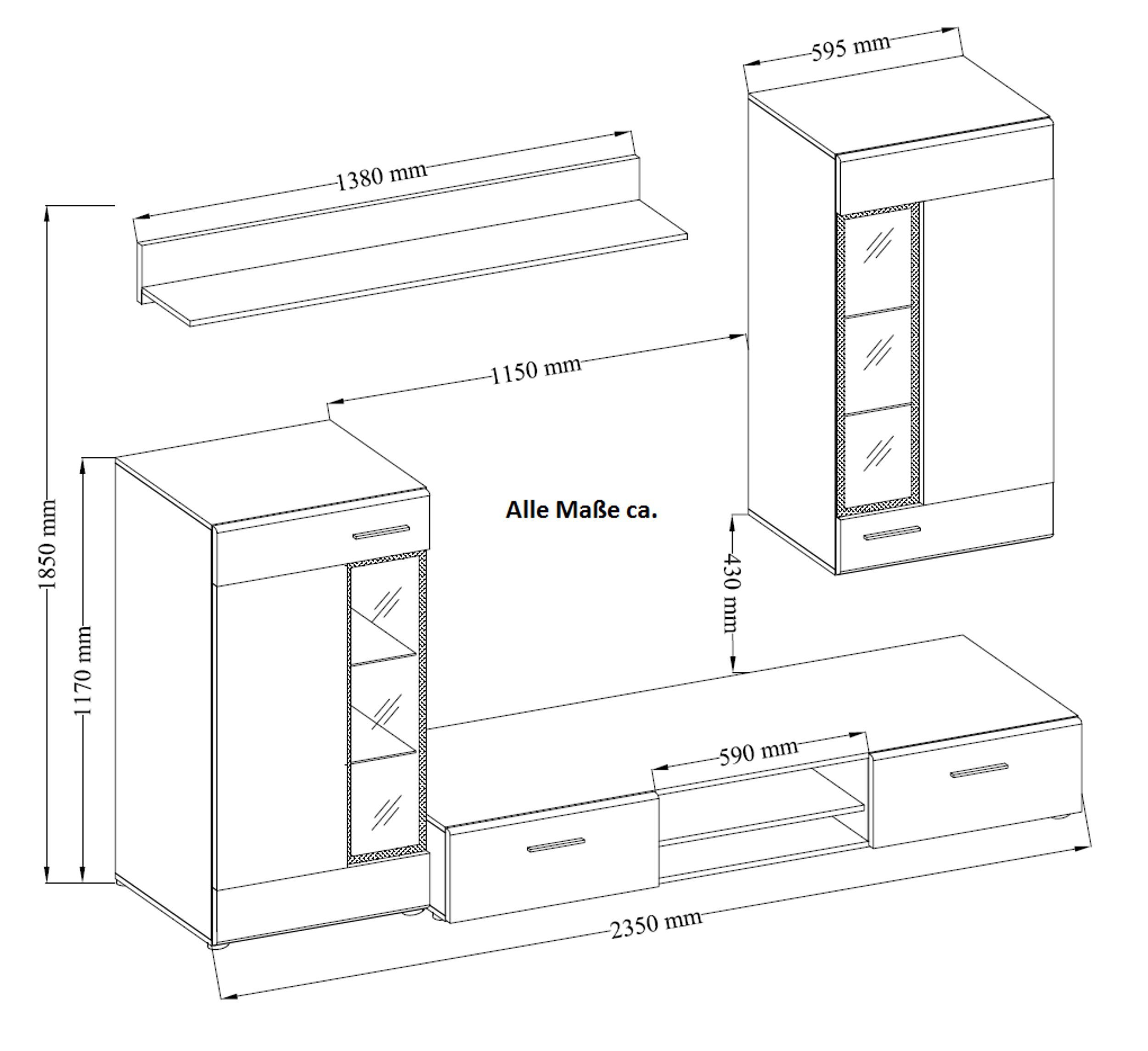 Küchen-Preisbombe Wohnwand Tango Schrankwand Anbauwand Wohnzimmer Eiche San Remo matt, (4-St)