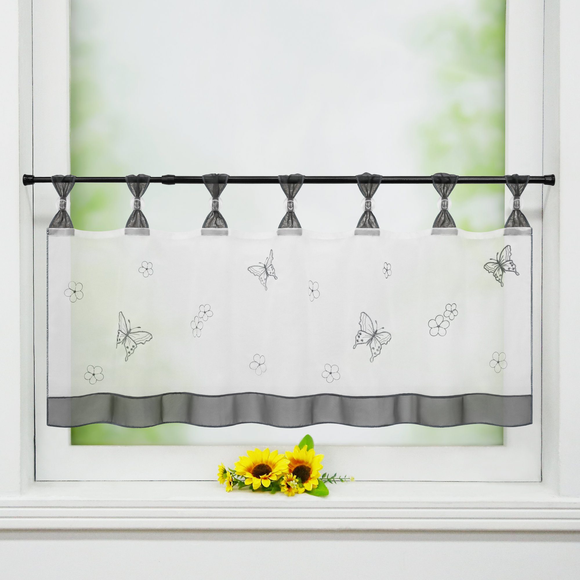 Scheibengardine, Joyswahl, Schlaufen (1 St), transparent, mit Schmetterling-Stickerei, Bistrogardine grau