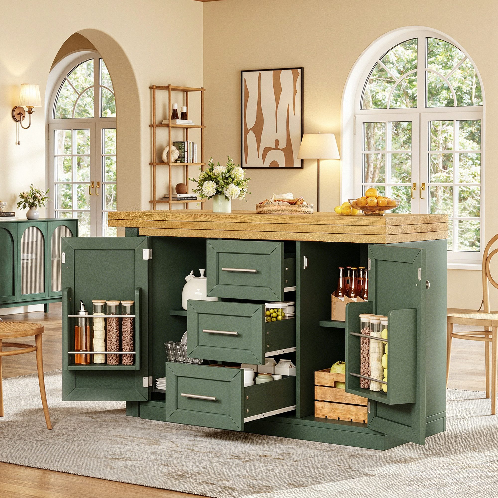 Flieks Kücheninsel Mehrzweckschrank mit 360° drehbarer und klappbarer Arbeitstisch, (Holzoptik Tischplatte Tiefe 40-80cm, Längenverstellbar 120-197cm), ausziehbarer Esstisch & Küchenschrank mit Schubladen&Snackregal Grün