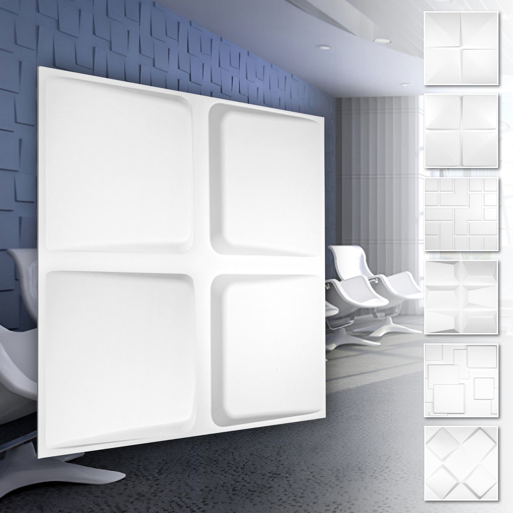 - - 3D HD011 1 Wanddekor qm (0.25 Wohnzimmer) Optik Motive weiße Wandverkleidung mit Kunststoff Cube Wanddekoobjekt Platte) Hexim (PVC