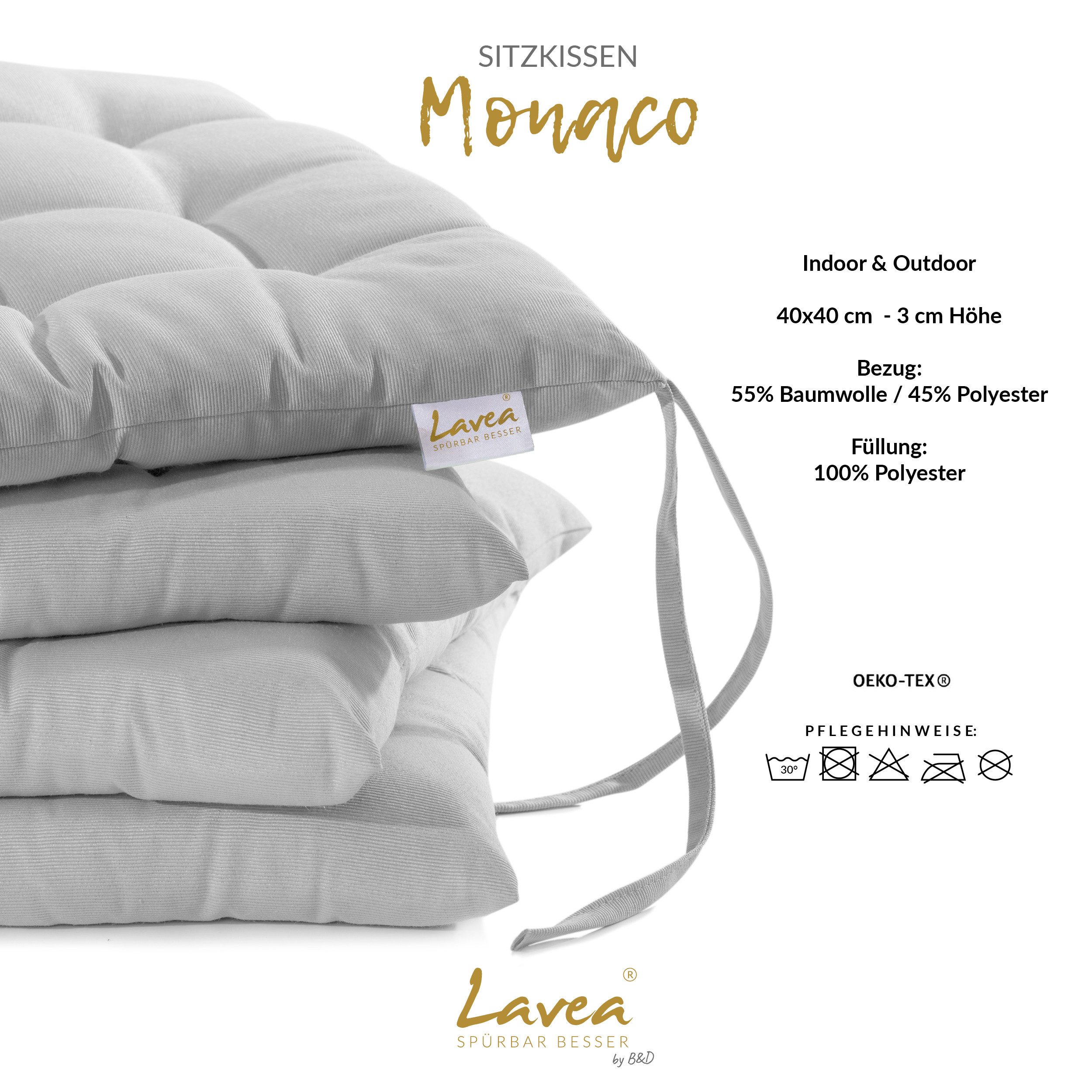 Lavea Stuhlkissen MONACO - weich gepolsterten Sitzkissen Set (4er & 8er), 40x40x3 cm, mit Stoffbändern, Indoor & Outdoor, für Garten & Balkon