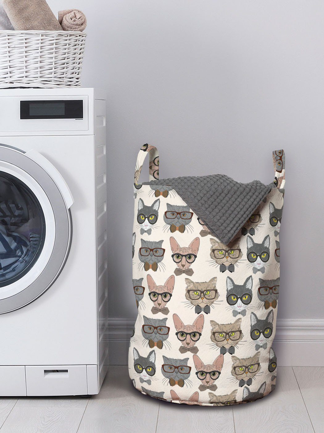 Abakuhaus Wäschesäckchen Wäschekorb mit für Waschsalons, Kordelzugverschluss Griffen Hipster-Nerd Charaktere Katze