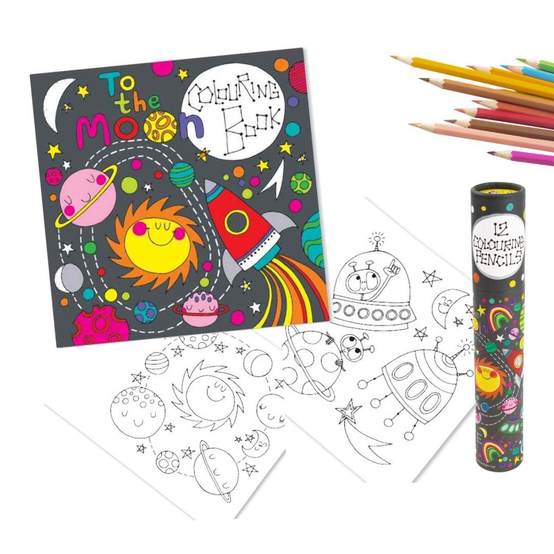 Partystrolche Malvorlage Malbuch und Bunstifte-Set Sonne, Mond und Sterne - Weltraum