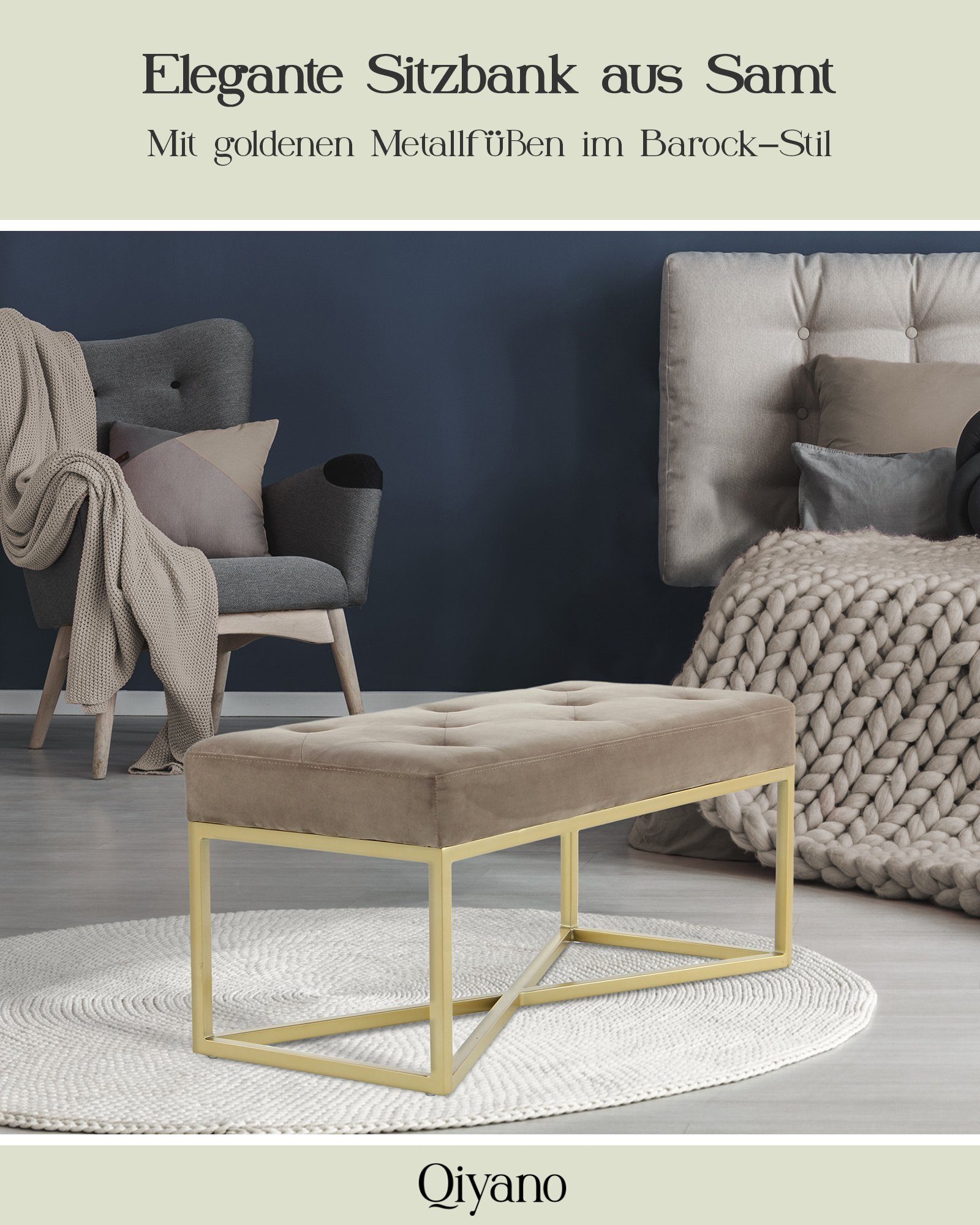 Qiyano mit goldenen Barock-Stil Sitzbank Gesteppte Polsterbank Metallfüßen Taupe Sitz- Samt