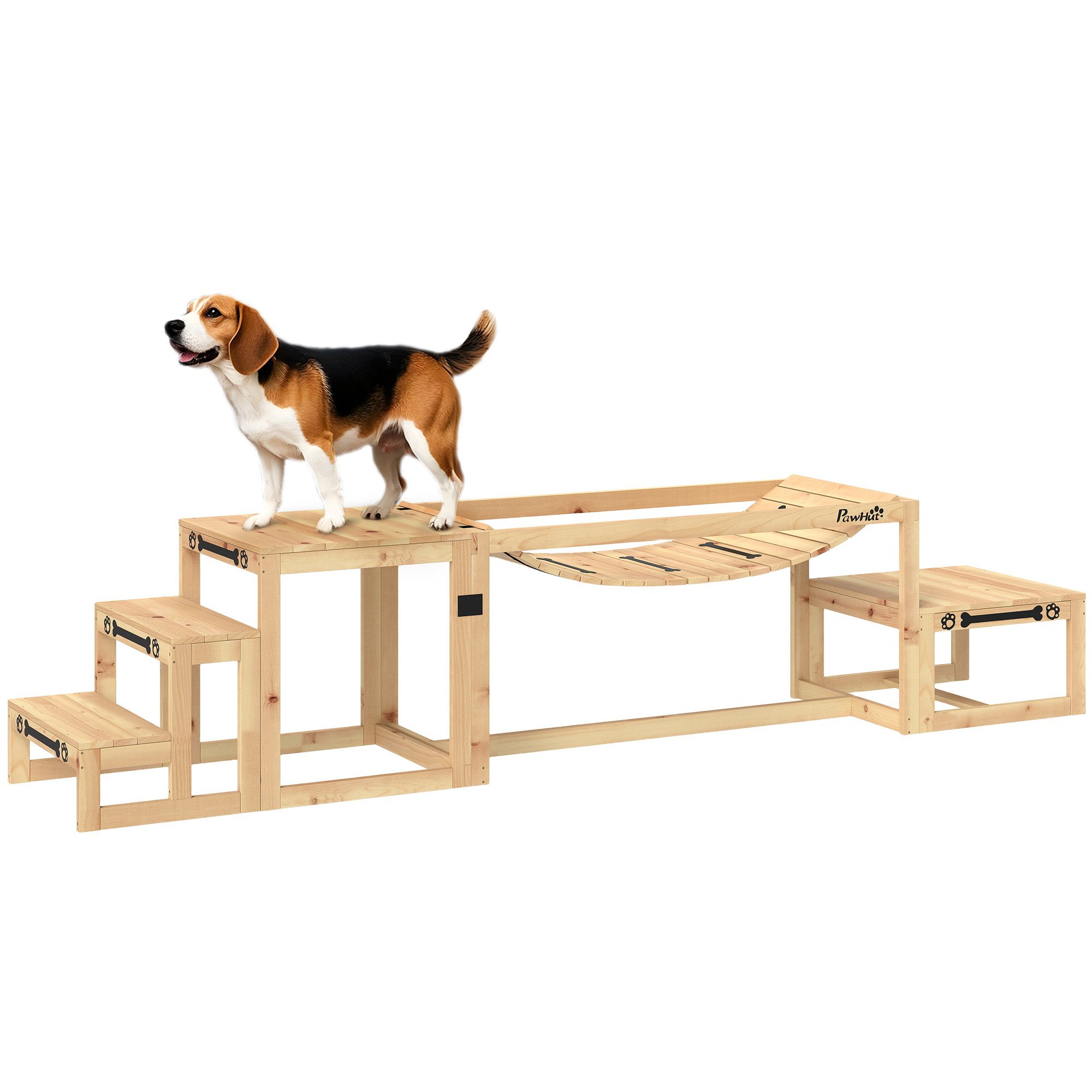 PawHut Agility-Hürde 4er-Set Hundetraining mit Brücke, Treppe, Plattform, Tannenholz, Agility Set (3-tlg) für mittelgroße, große Hunde bis 40 kg, Naturholz