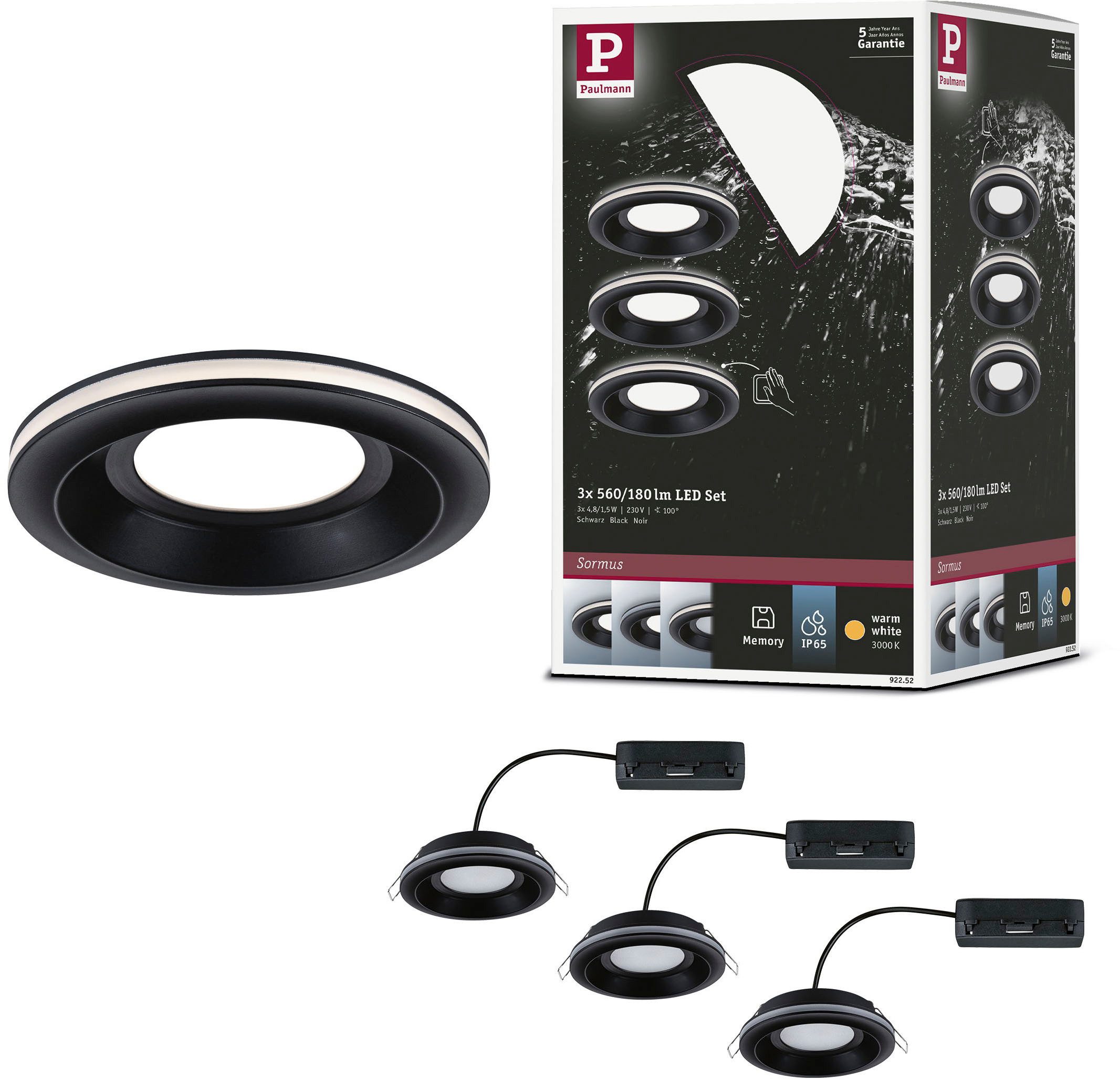 Paulmann LED Einbauleuchte LED Einbauleuchte Sormus IP65 rund 100mm, LED fest integriert, Warmweiß, Memoryfunktion