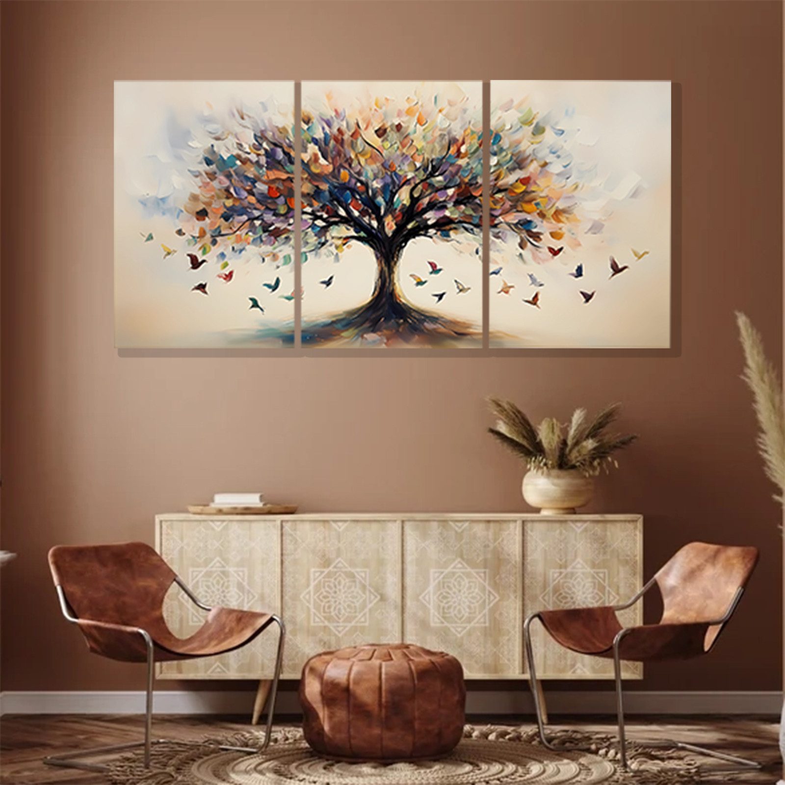 Jumpeak Leinwandbild ölgemälde auf leinwand Baum Vogel Natur dreiteiliges S günstig online kaufen