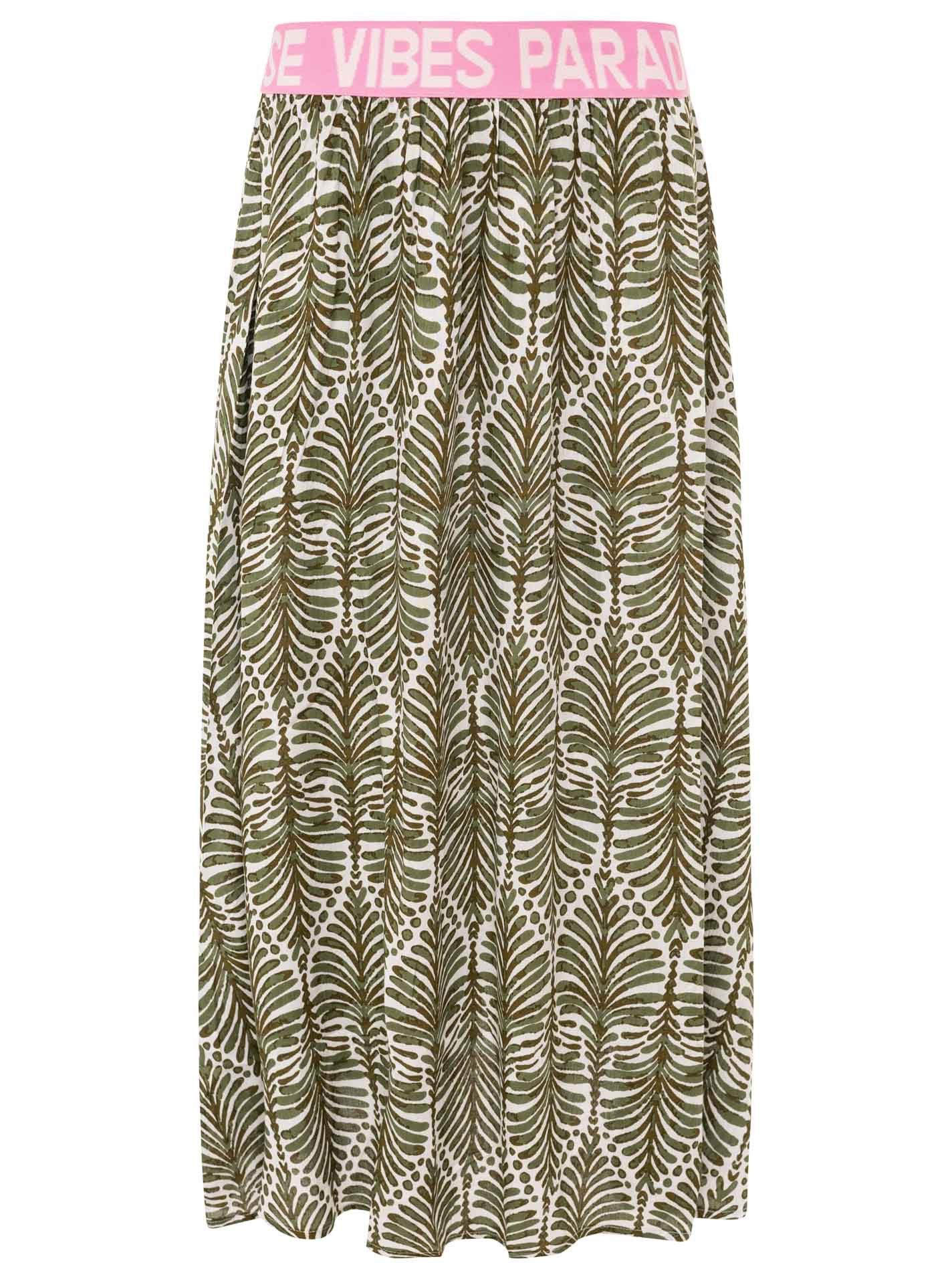 Zwillingsherz Maxirock "Jungle Leaves" Blättermotiv, Gummizug mit Schrift, leichtes Material, knöchellang