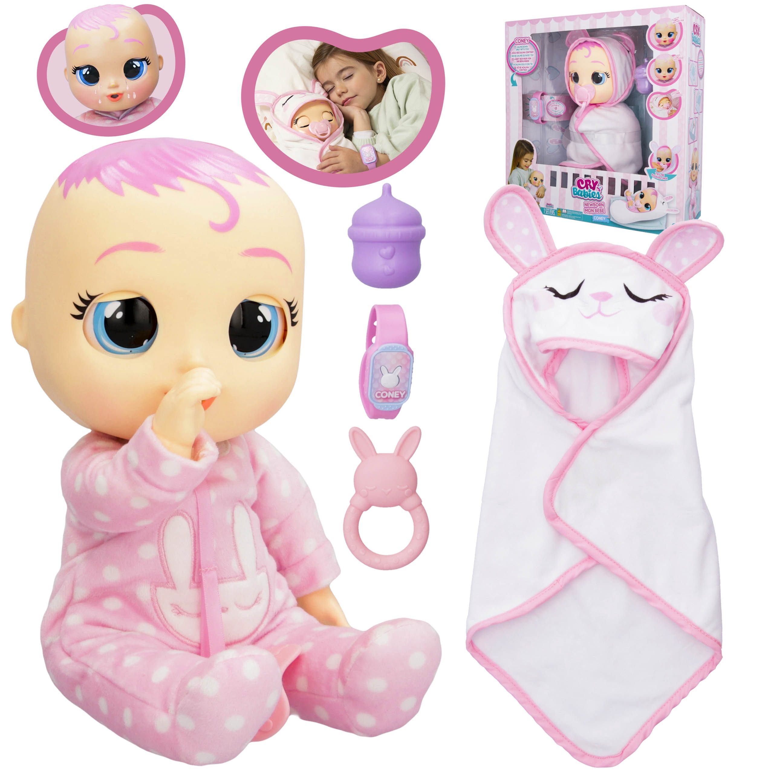 Cry Babies Anziehpuppe Cry Babies Newborn Coney Puppe 30 cm mit Zubehör Tränen Geräusche