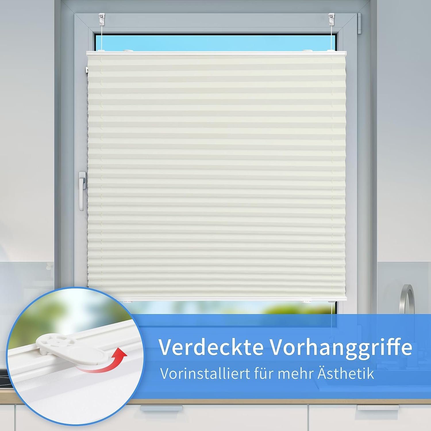 Bohren, Klemmfix, OUBO, Faltrollo Ohne einfach für Montage Klemmträger,Easyfix, Fenster Lichtschutz, verspannt, Tür, Jalousie & Beige Plissee