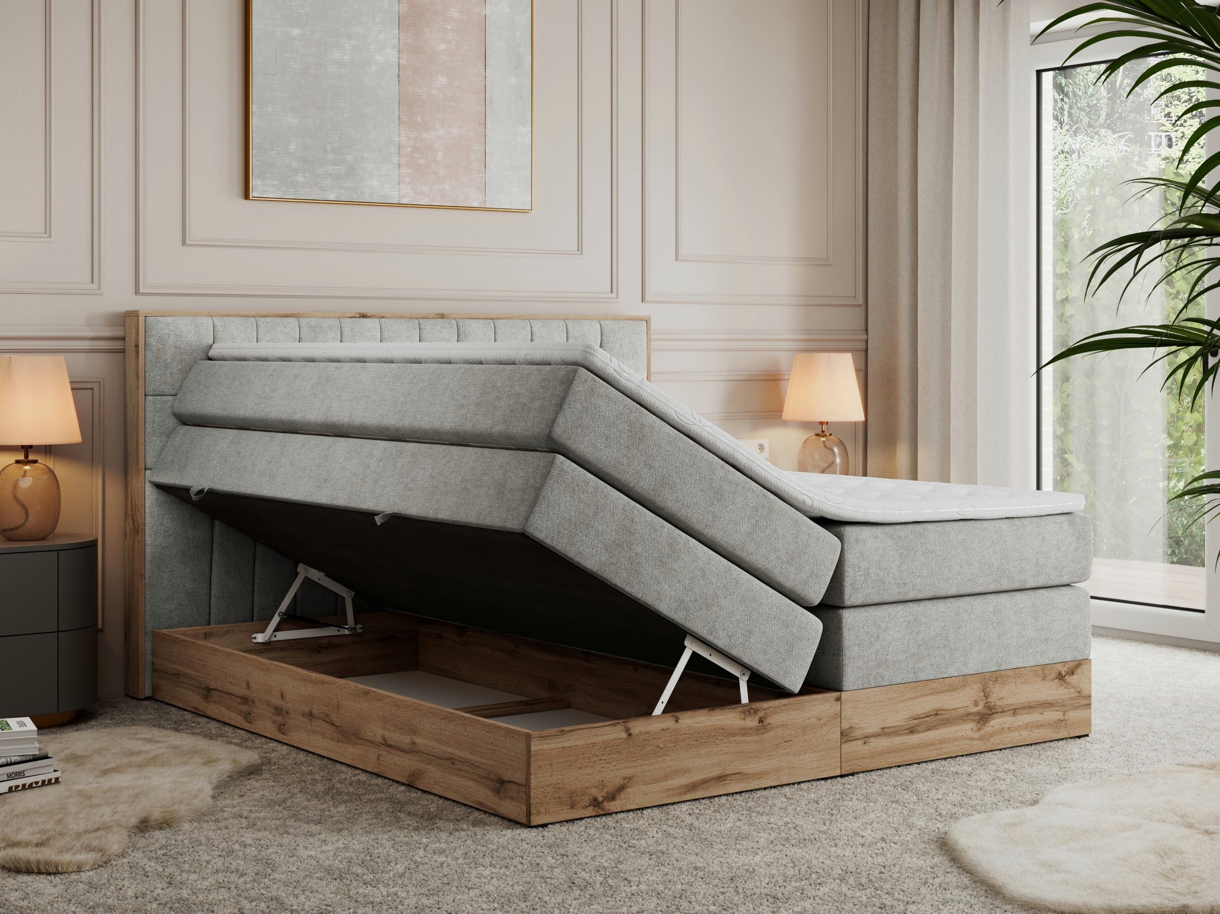 MKS MÖBEL Boxspringbett AMORE KING (Set, T30-Schaum, Topper T25/Visco, fünf Matratzen, zwei Bettkästen), mit Multipocket Matratzen, Boxspringbett, mit Möbelplatten