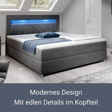 Juskys Boxspringbett Vancouver, 120x200 cm, Bonell-Federkernmatratzen, Topper, LED-Beleuchtung