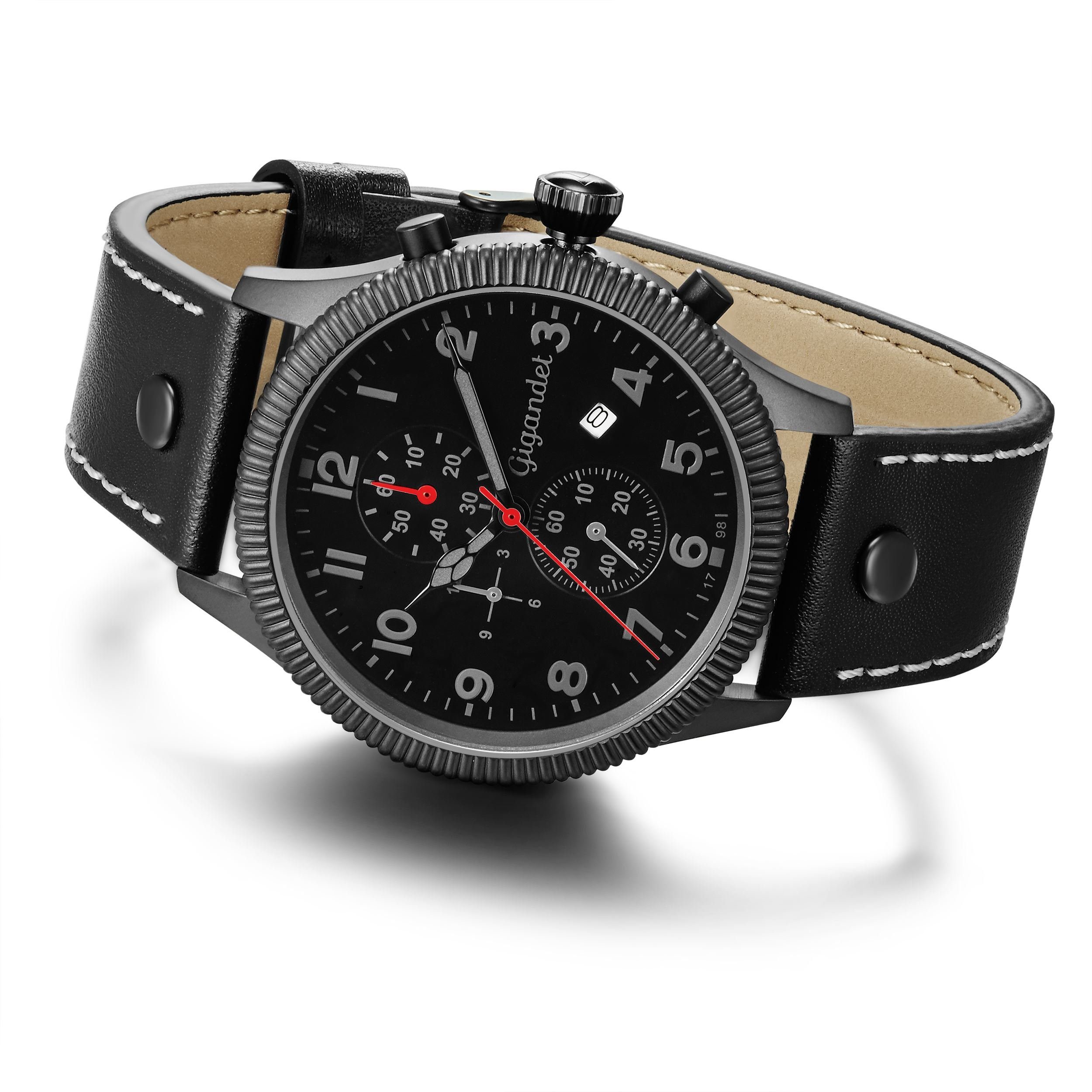 Gigandet Chronograph Armbanduhr, Herrenuhr, Fliegeruhr, 44mm, RED BARON V G34-003, Mineralglas, Datumsanzeige, Lederband, 10bar/100m wasserdicht