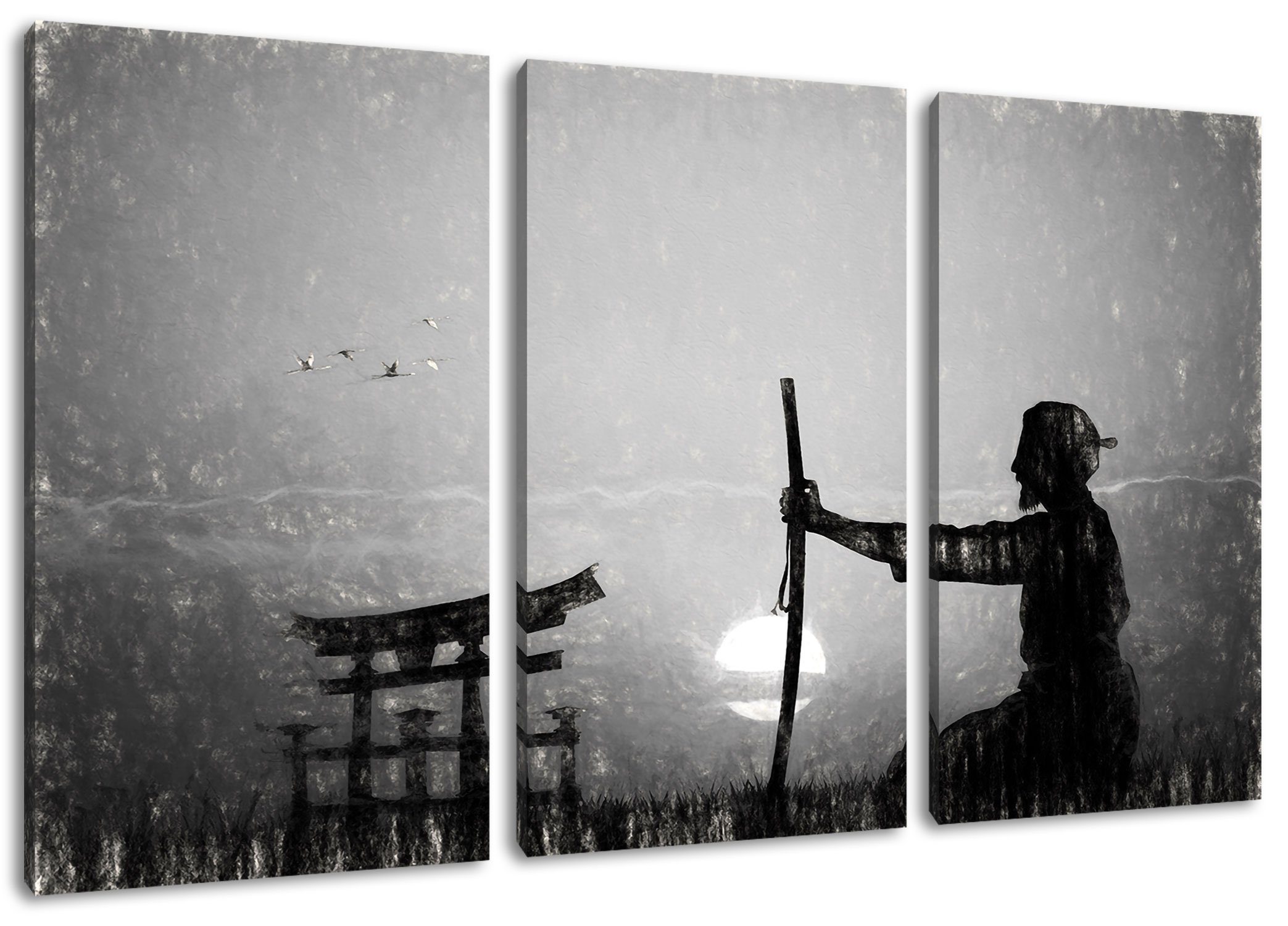 geizig Pixxprint Leinwandbild Leinwandbild inkl. (120x80cm) 3Teiler fertig Zackenaufhänger Samurai-Meister St), (1 vor Horizont, bespannt, vor Samurai-Meister Horizont