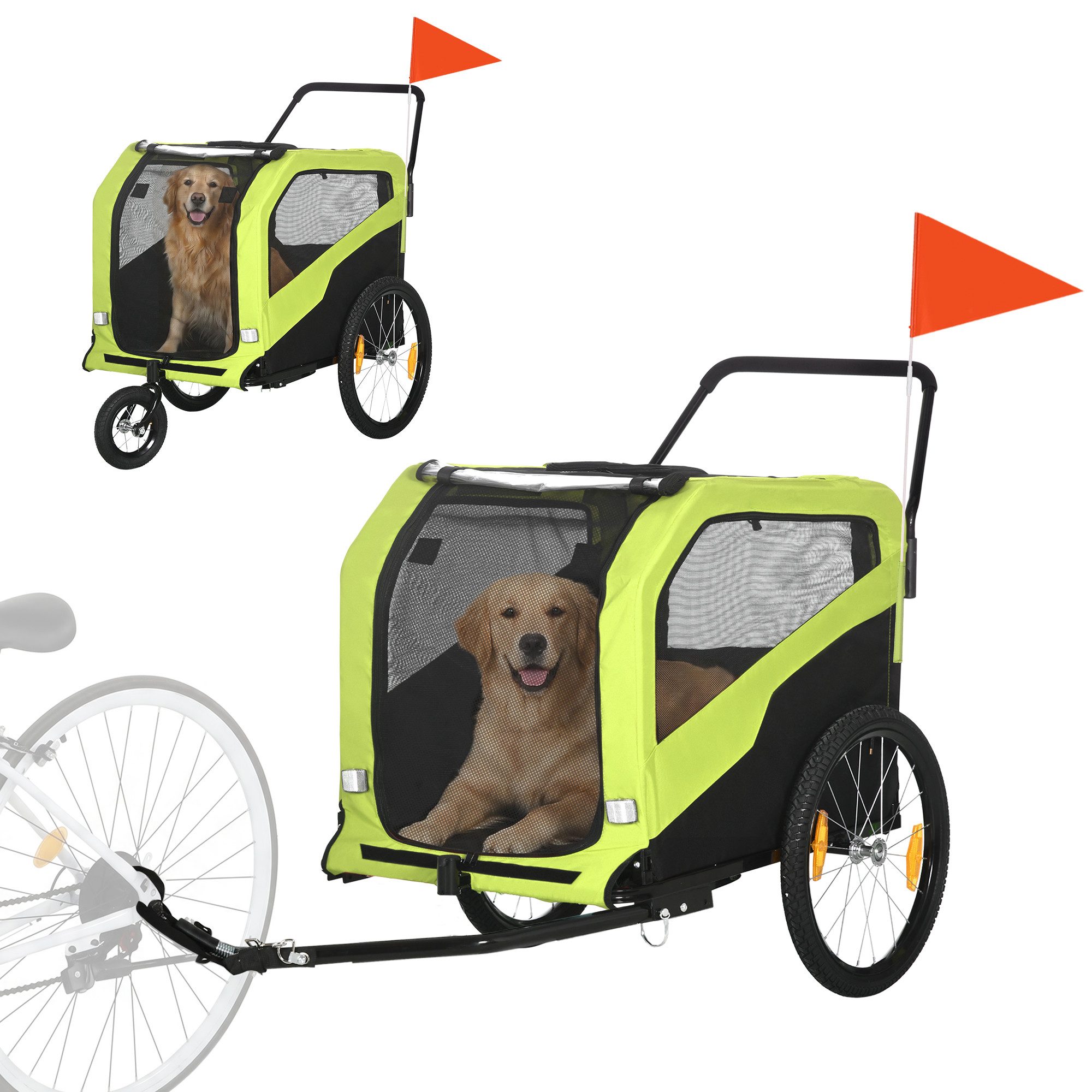 PawHut Fahrradhundeanhänger 2-in-1 Hundeanhänger, Hundewagen mit Reflektoren, max. 30 kg, Hundefahrradanhänger für Große Hunde, Oxford-Gewebe, Grün