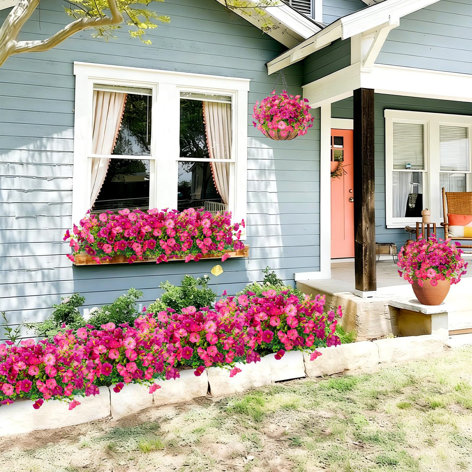 Kunstblumenstrauß 8er Set Künstliche Blumen Rosa UV-beständig Balkon Gartendeko Deko, FOUORTUNATE-BEE, Für Balkon Garten Terrasse Fensterbank Innen Außen Frühlingsdeko