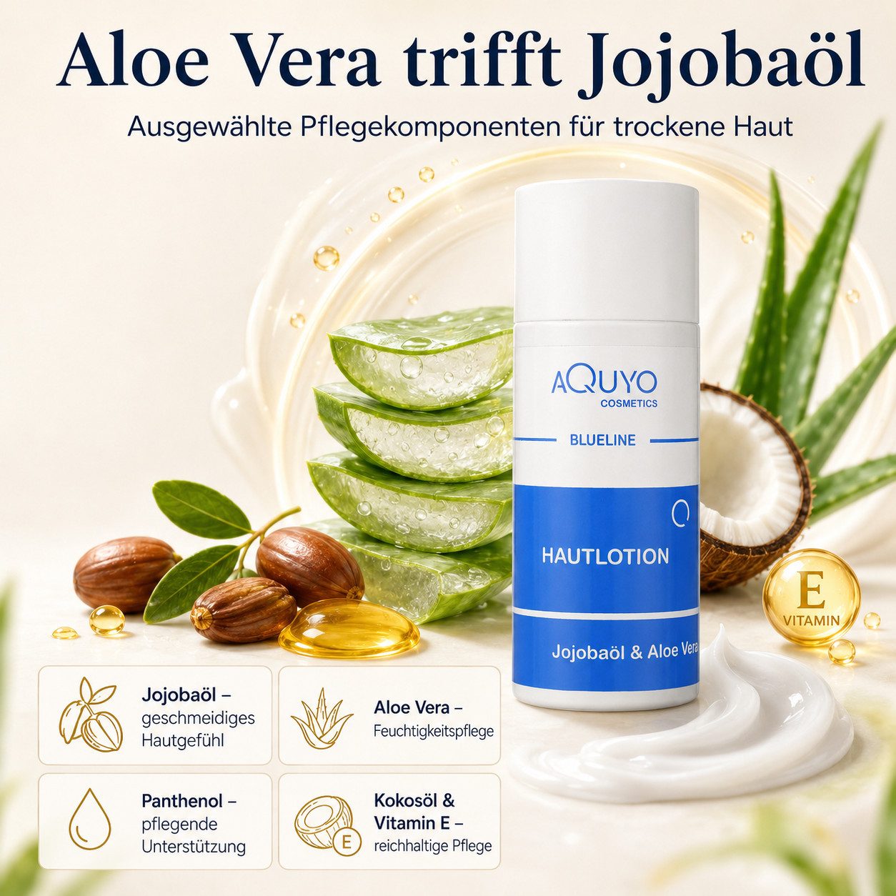 AQUYO Cosmetics Körperlotion Aloe Vera- und Jojobaöl Cremelotion für trockene, geschmeidige Haut