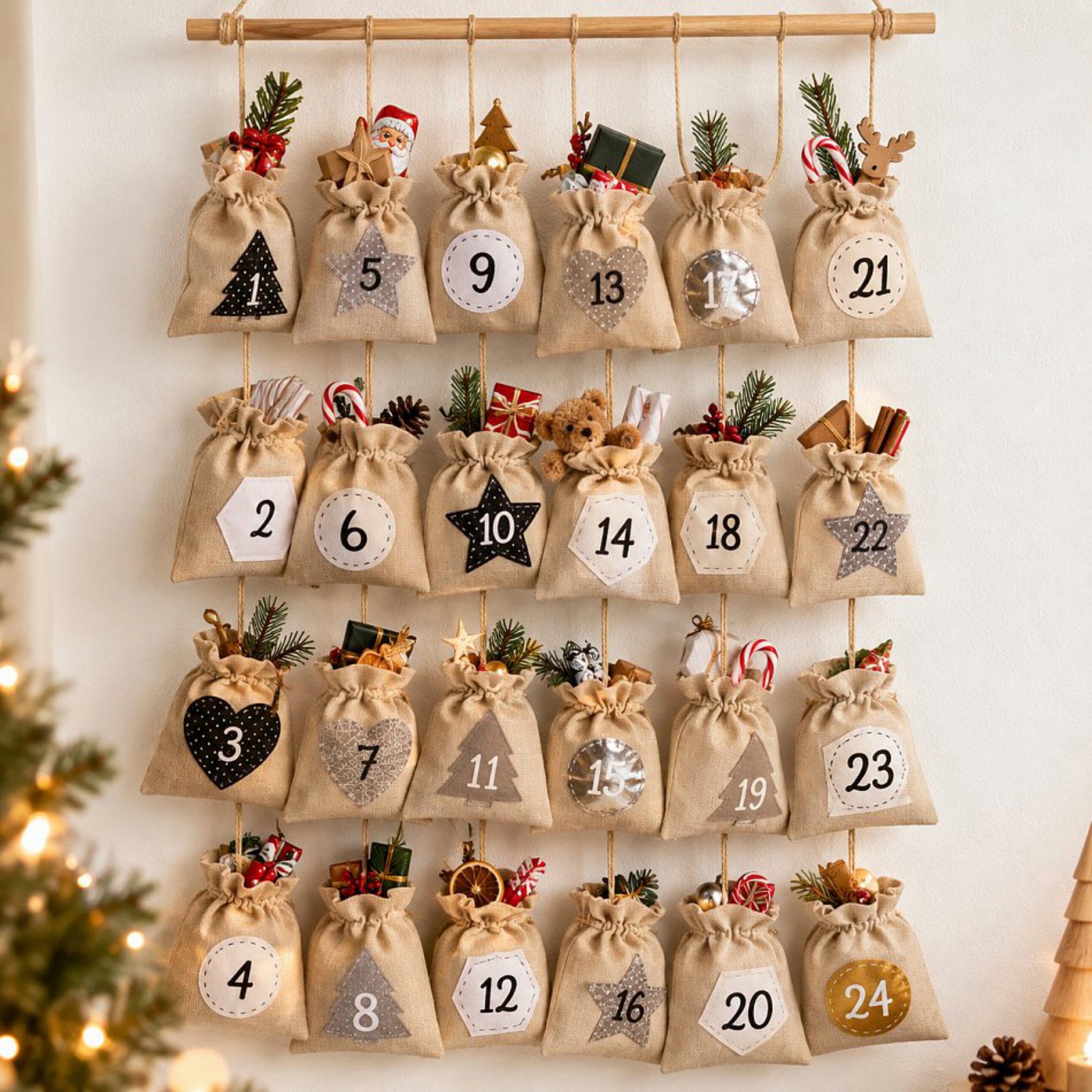 Haushalt International Im- und Export GmbH DIY-Adventskalender Weihnachtskalender 24 Taschen 114x55cm (Stück, 24-tlg), unbefüllt, Holz, Leinen, Aufhängung