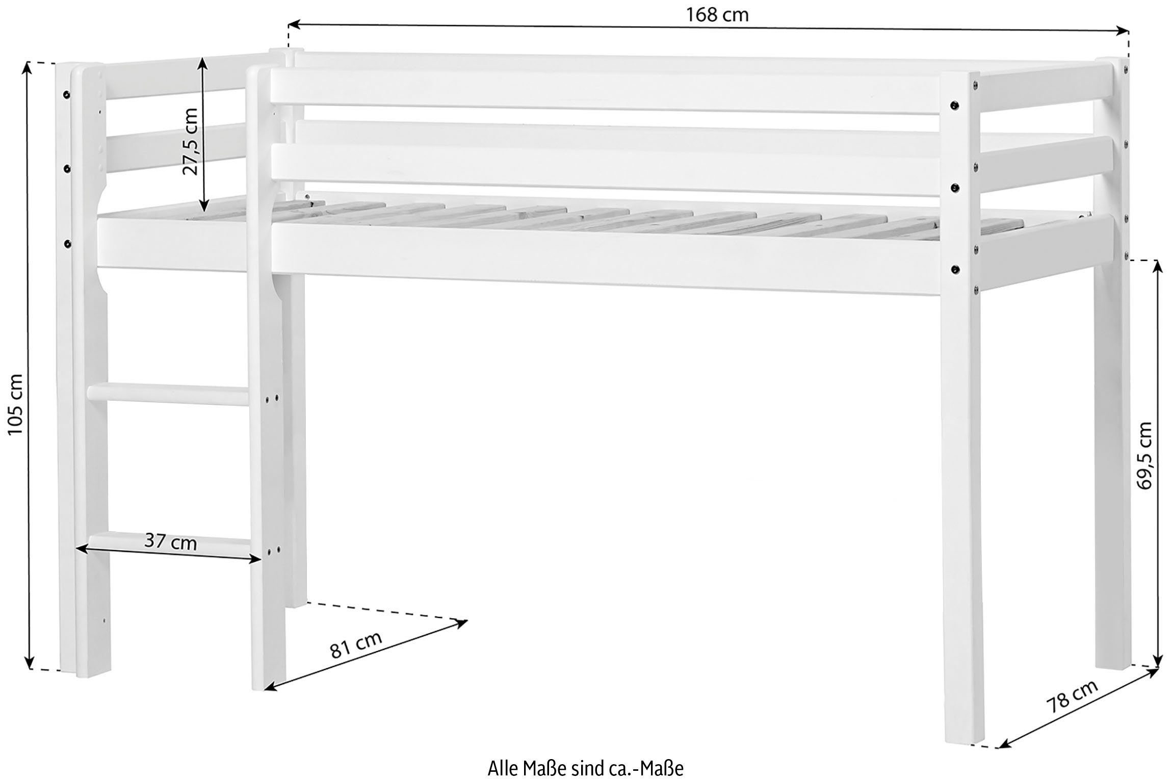 Hoppekids Hochbett ECO Dream, inkl. Massivholz Spielbett, Creator Matratze Kinderbett, & aus | Bettgröße Halbhohes weiß wählbar Vorhang-Set dunkelgrau Gelb, Bett