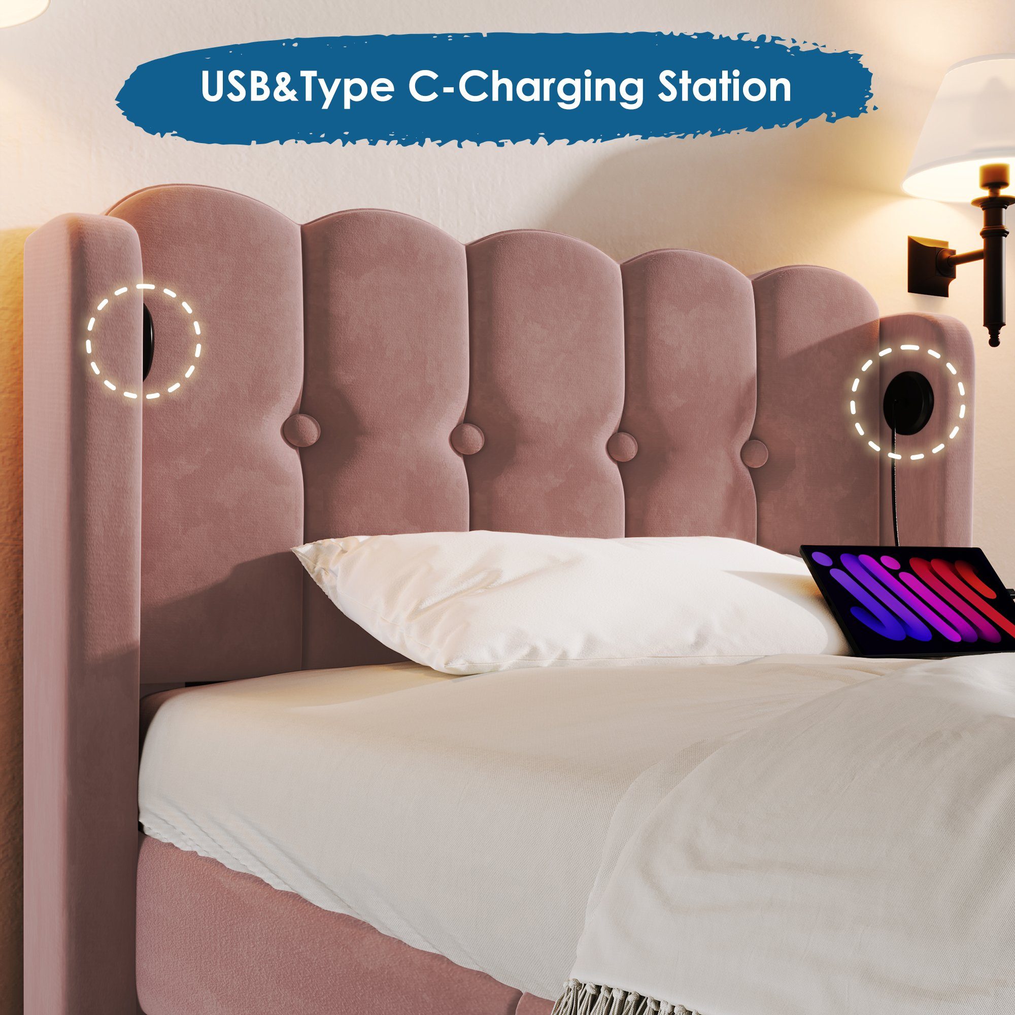 Flieks Polsterbett, Holzbett Einzelbett mit USB/Typ-C Ladeanschlüsse 90x200cm rosa Samt