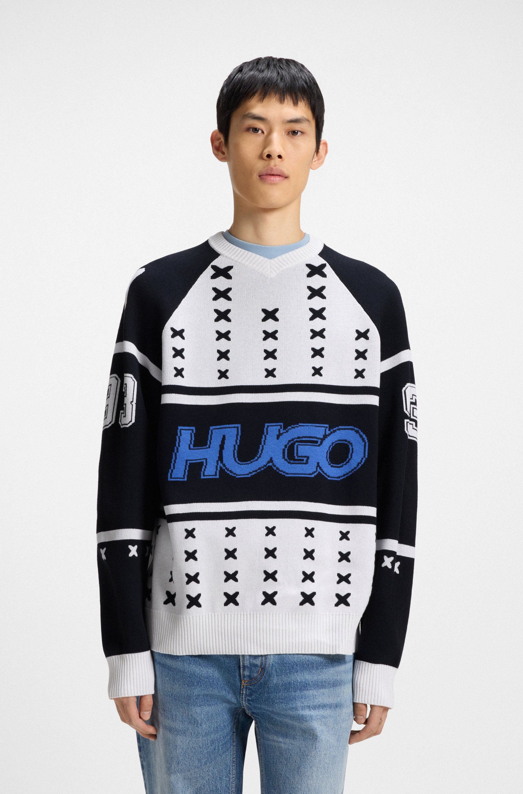 HUGO Blue V-Ausschnitt-Pullover Shalock mit aufwendiger Intarsie