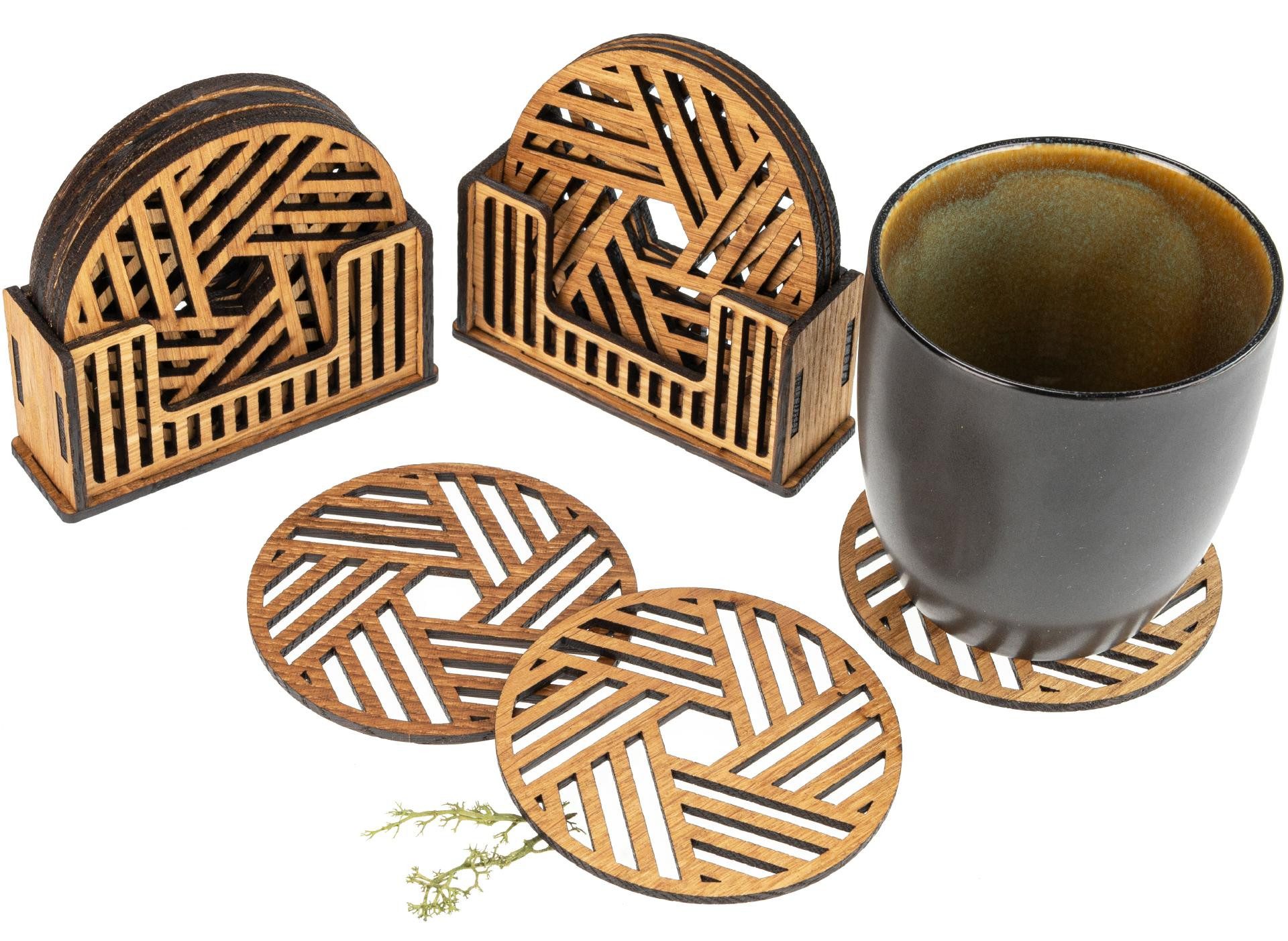 Holz Frank Glasuntersetzer Glas Untersetzer 6er Set aus Eiche geölt mit geometrischen Motiv, 7-tlg., Massivholz Eiche