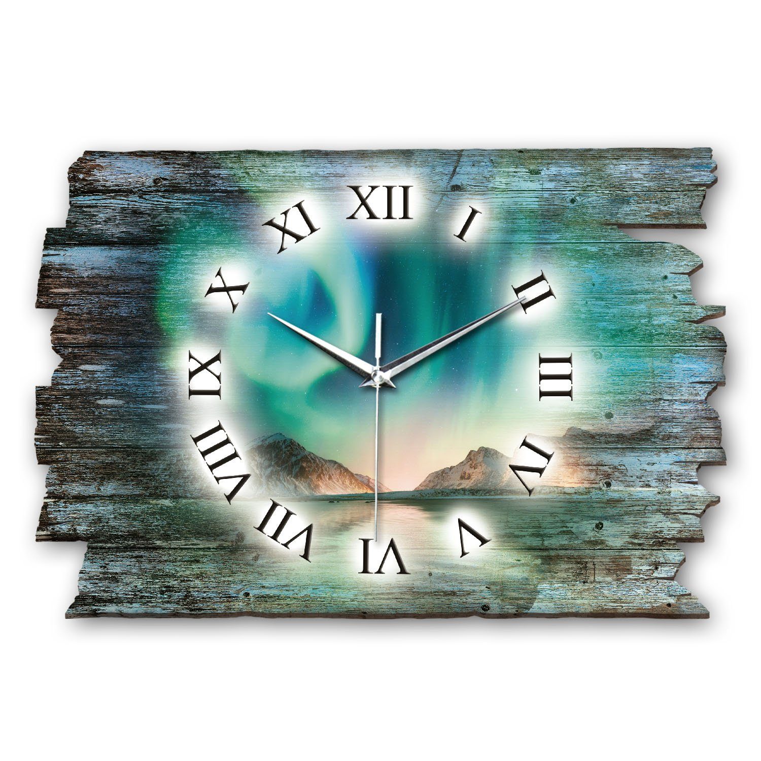 Uhrwerk; modern) außergewöhnlich, Design-Wanduhr „Nordlichter“ Kreative (ohne aus Feder Funkwanduhr Holz Ticken; flüsterleises