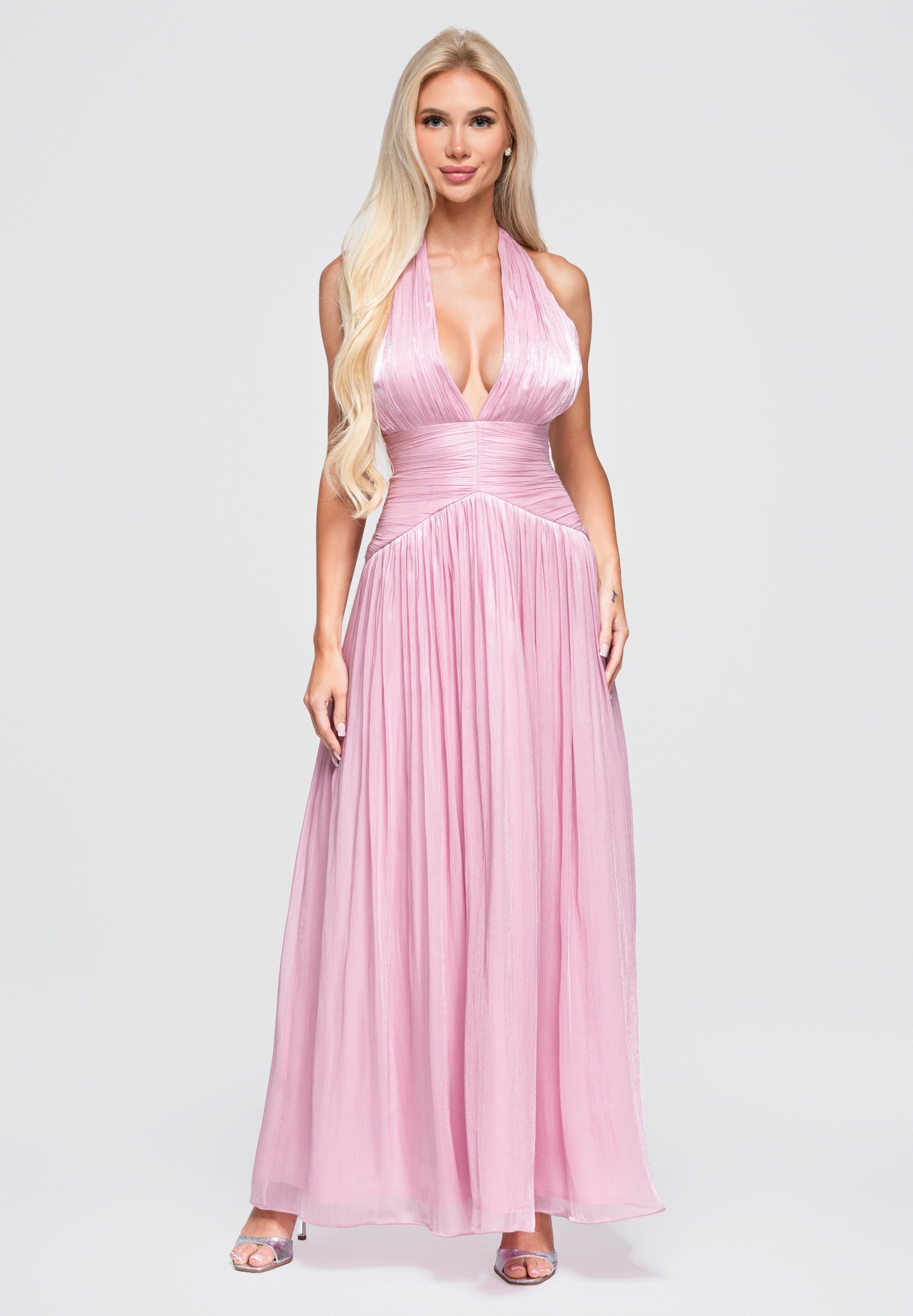 OMBRE Abendkleid Damen Abendkleid Maxikleid mit tiefem V-Ausschnitt Pink S (kein Set, 1-tlg) in Unifarbe