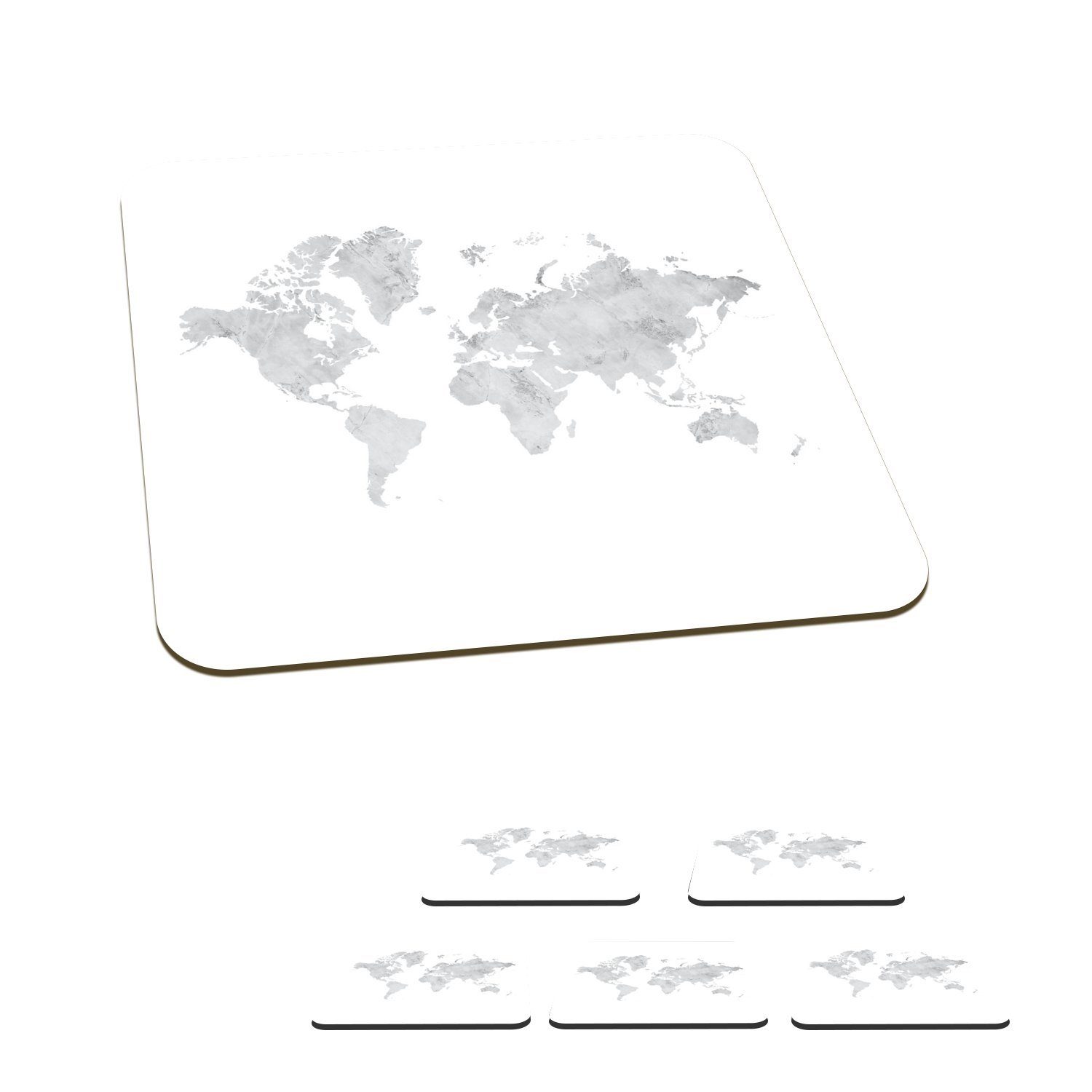 MuchoWow Glasuntersetzer Weltkarte - Marmor - Grau, Zubehör für Gläser, 6-tlg., Glasuntersetzer, Tischuntersetzer, Korkuntersetzer, Untersetzer, Tasse