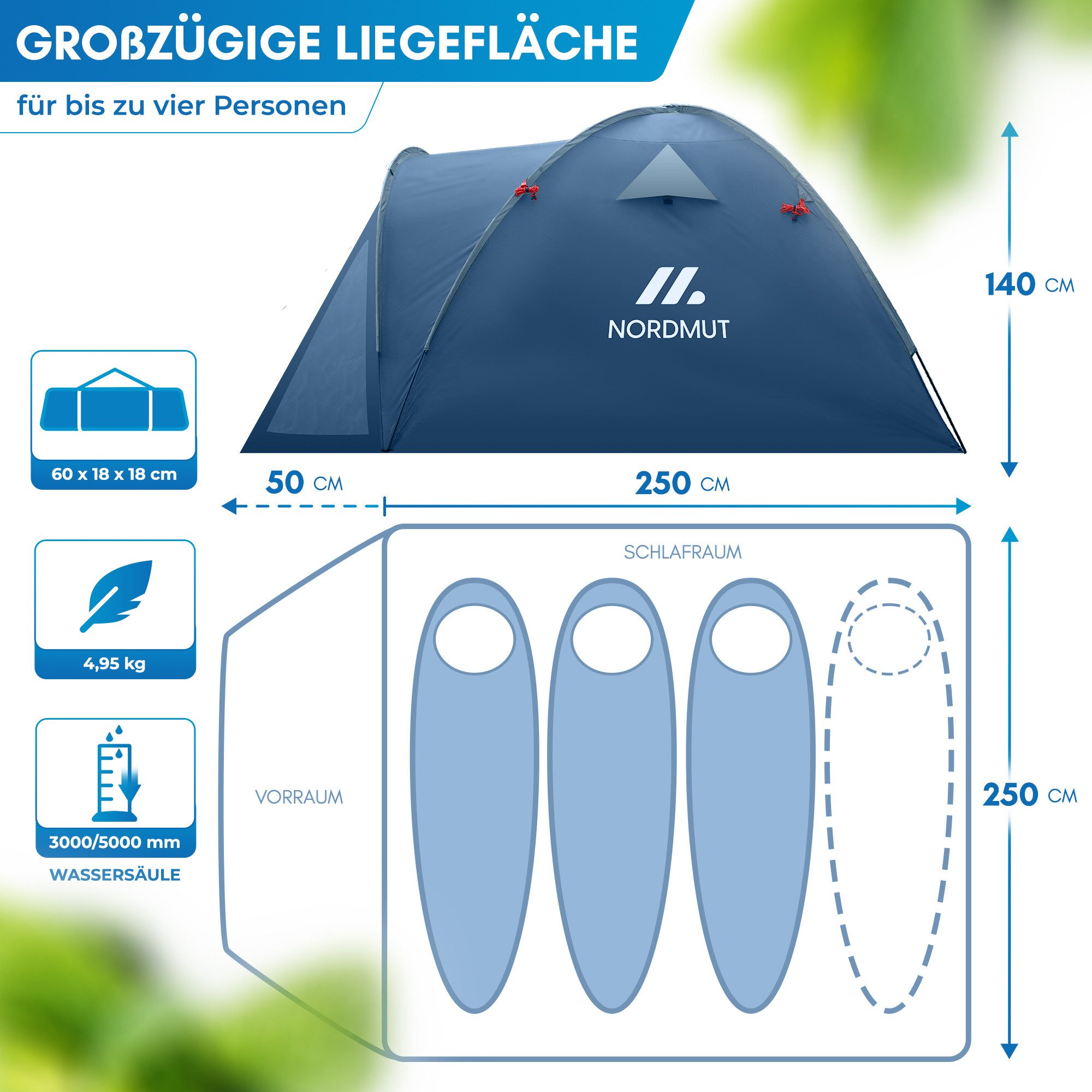 Nordmut Kuppelzelt 4 Personen 300x250 cm Vorraum wasserdicht 5000 mm, Personen: 4 (Trekkingzelt mit Fiberglas Gestänge & schnellem Aufbau, Familienzelt mit Moskitonetzen & angenehmem Raumklima), Campingzelt wasserdicht mit Vorraum & versiegelten Nähten