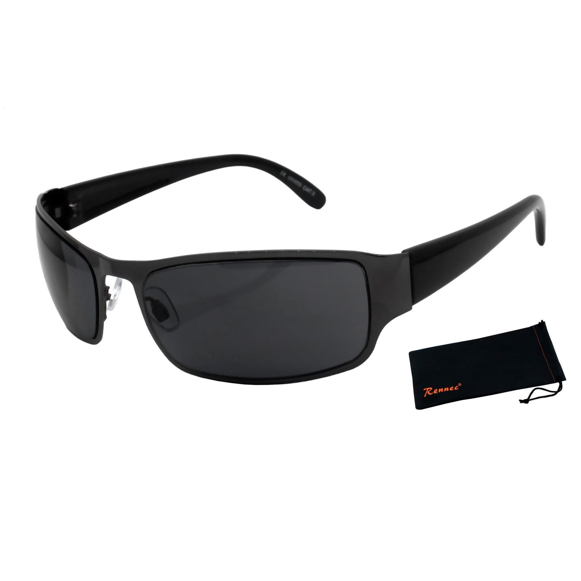 Rennec Sonnenbrille Herren Rechteckig Schmal Bikerbrille mit Brillenbeutel Gläser Schwarz Getönt, Security Style, Wrap Around