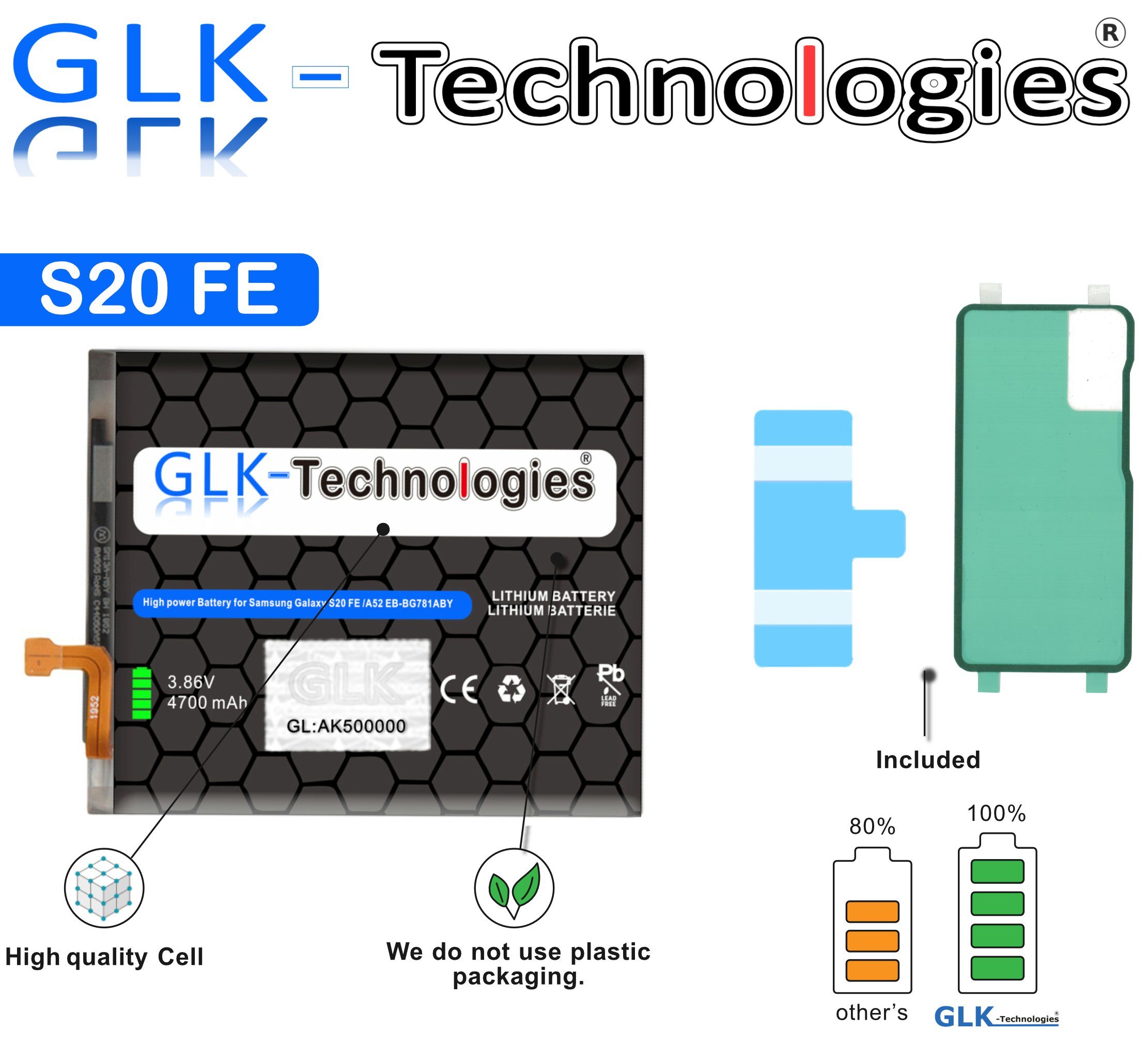 GLK-Technologies High Power Ersatzakku kompatibel mit Original Samsung Akku EB-BG781ABY Galaxy S20FE Batterie GLK-Technologies Ohne Set Handy-Akku 4700 mAh (3.86 V)