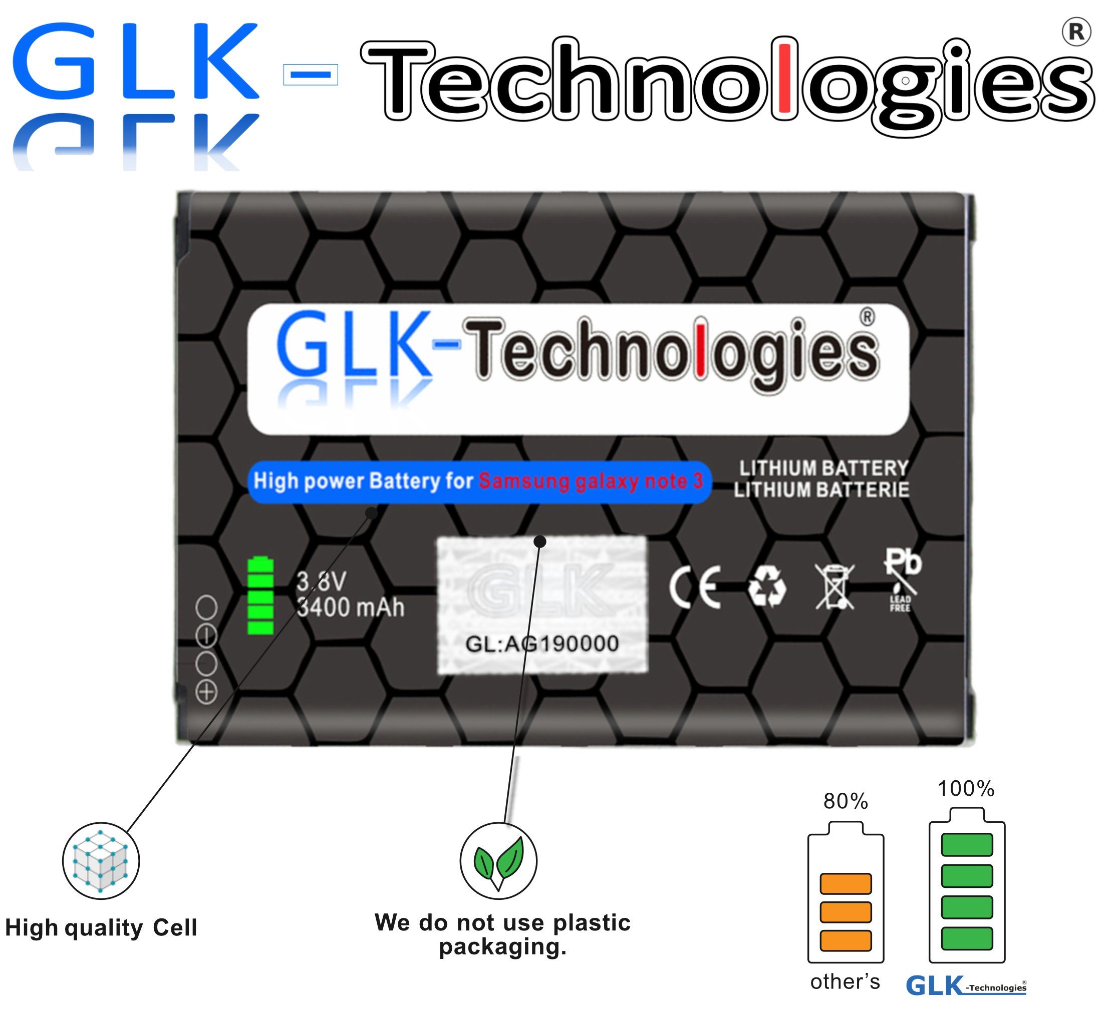 V) Galaxy 3 Akku, 3400 für Note (3.8 GLK EB-B800BE Smartphone-Akku Samsung GT-N GT-N9005 mAh GLK-Technologies GT-N9000