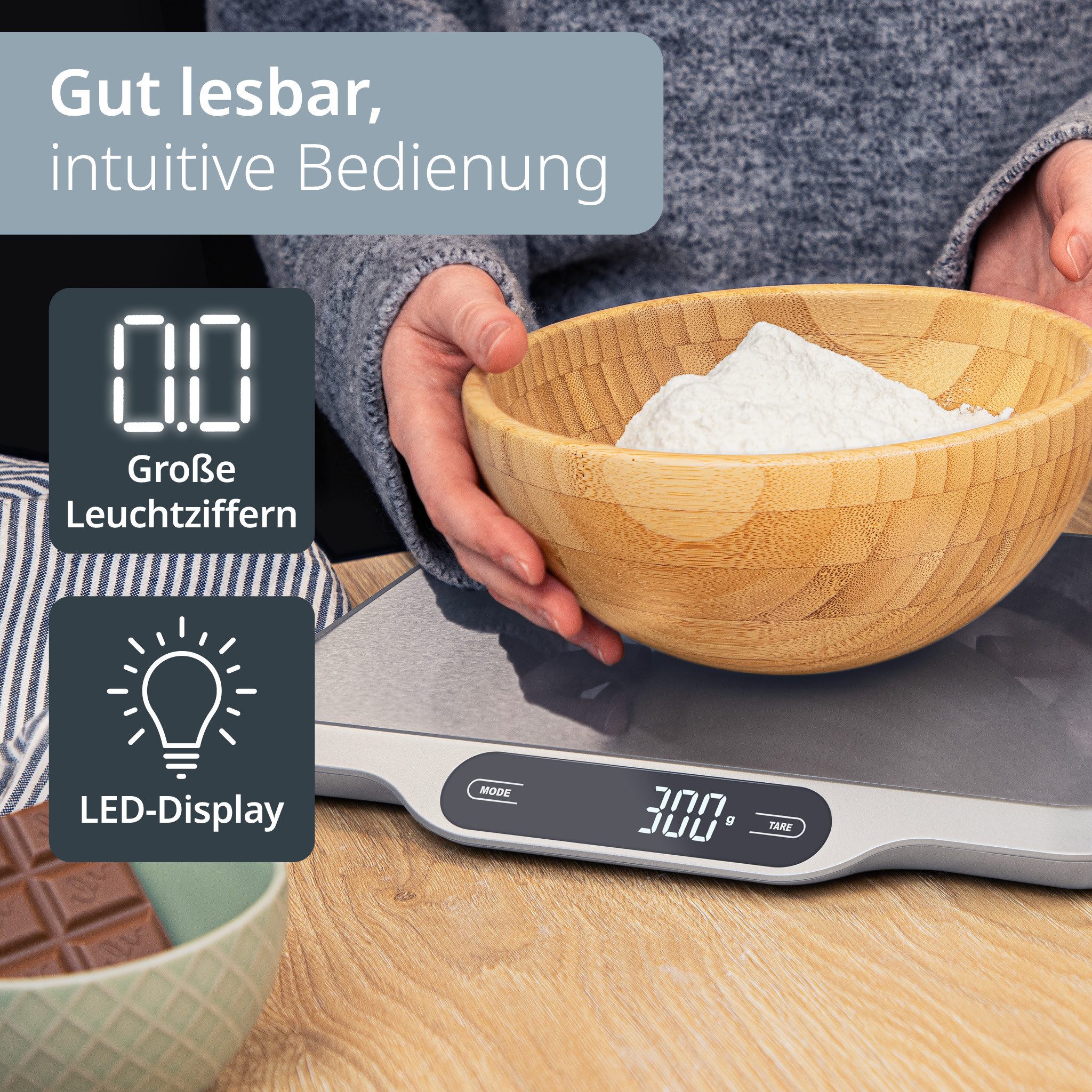 ADE Küchenwaage Waage mit großer XXL-Wiegefläche aus Edelstahl, für präzises Wiegen bis 15kg, mit Zuwiegefunktion (Tara) und Auto-Hold – Bild 4 von 5