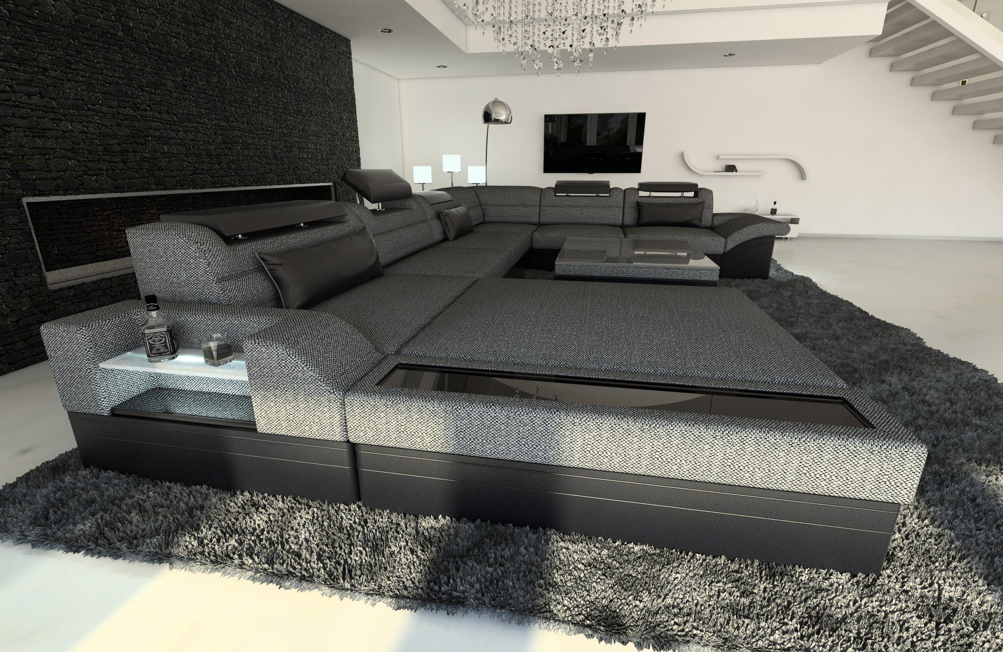 Sofa Dreams Wohnlandschaft Polster Sofa Couch Mezzo XXL U Form Stoffsofa, mit LED, wahlweise mit Bettfunktion als Schlafsofa, Designersofa
