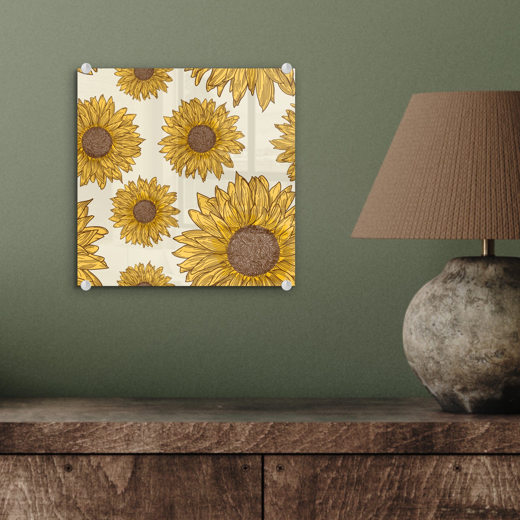 Sonnenblumen, Muster St), auf von - Bilder Illustriertes - Glas MuchoWow Acrylglasbild - Glasbilder Glas auf Foto Wanddekoration (1 Wandbild