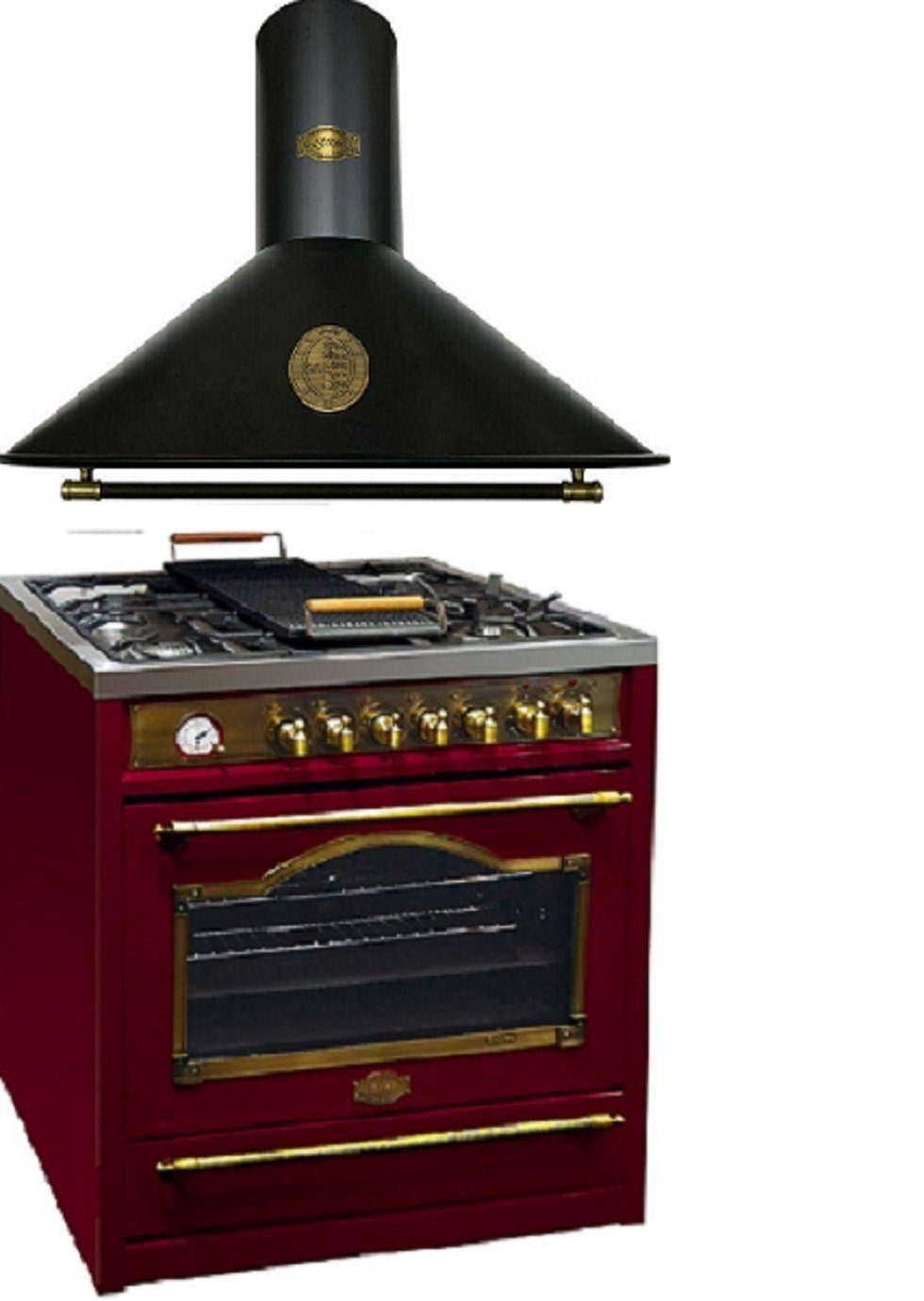 Kaiser Küchengeräte Gas-Standherd HGE 93555 RotEm+A 9423 BE ECO/3, Retro Gas Elektro Standherd 90 cm+Dunstabzugshaube 90 cm