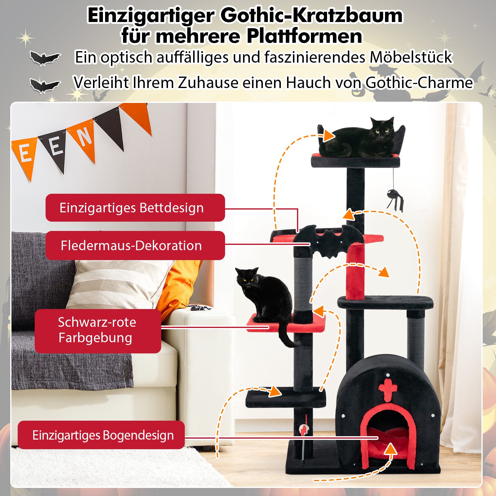 COSTWAY Kratzbaum, Katzenbaum, mit Katzenhöhle, gotisches Katzenmöbel