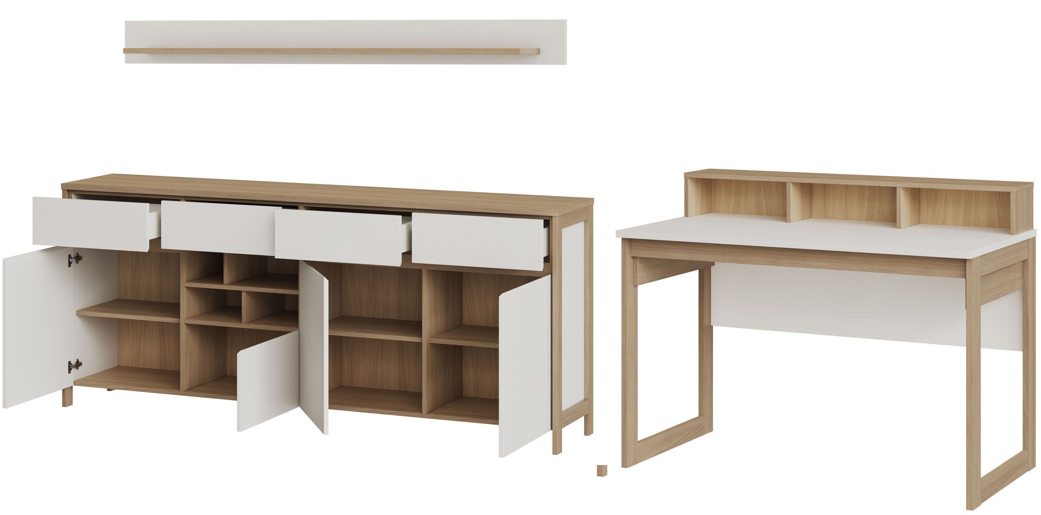 Home affaire Büromöbel-Set Stranda im Scandi-Style, Home Office, Büro in zwei Farben verfügbar, (3-tlg), enthält Schreibtisch, Sideboard und Wandboard