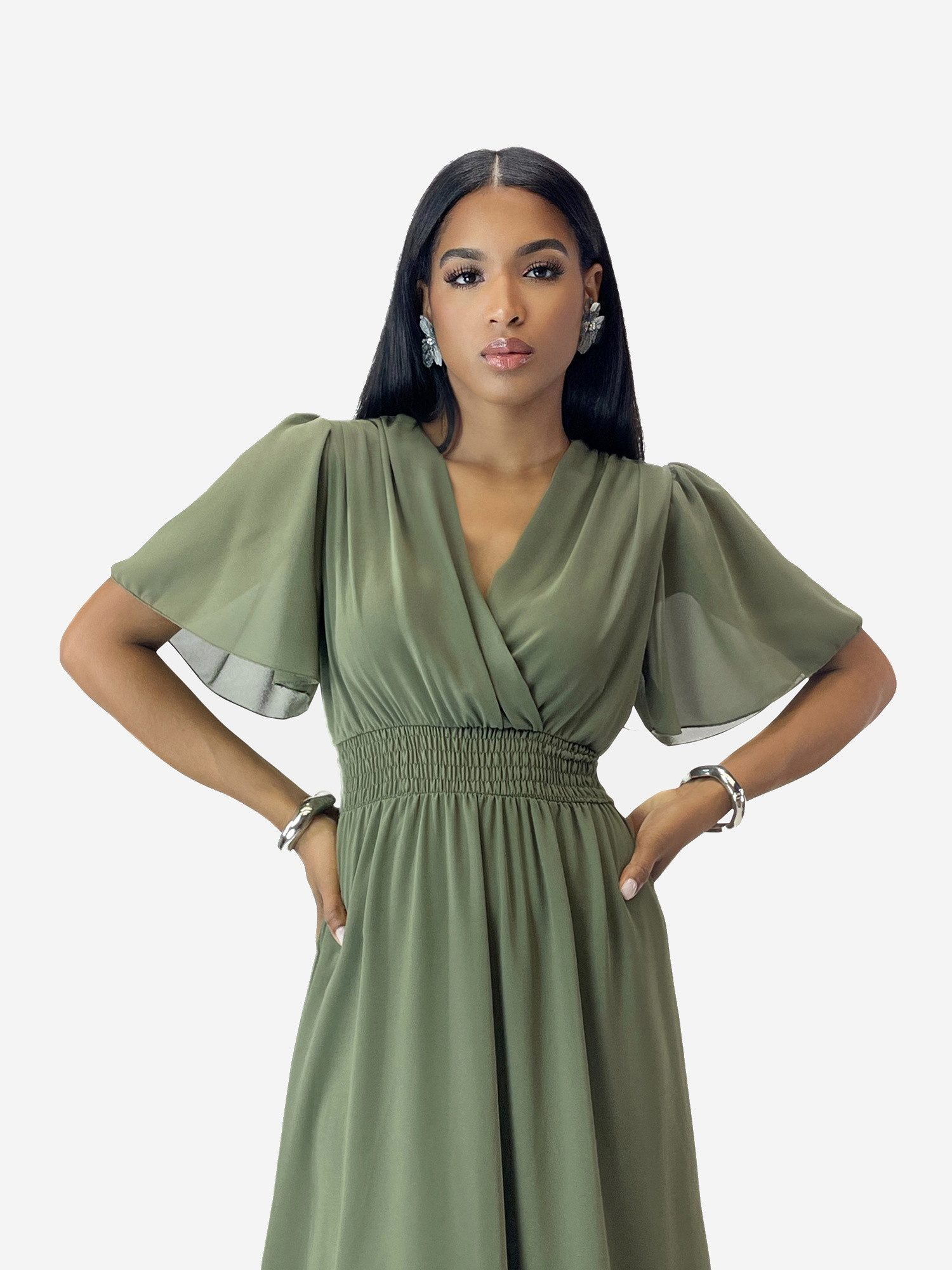 Elara Maxikleid — Damen Sommerkleid mit Wickeloptik, Smoktaille & Flügelärmeln (1-tlg) – Bild 4 von 5