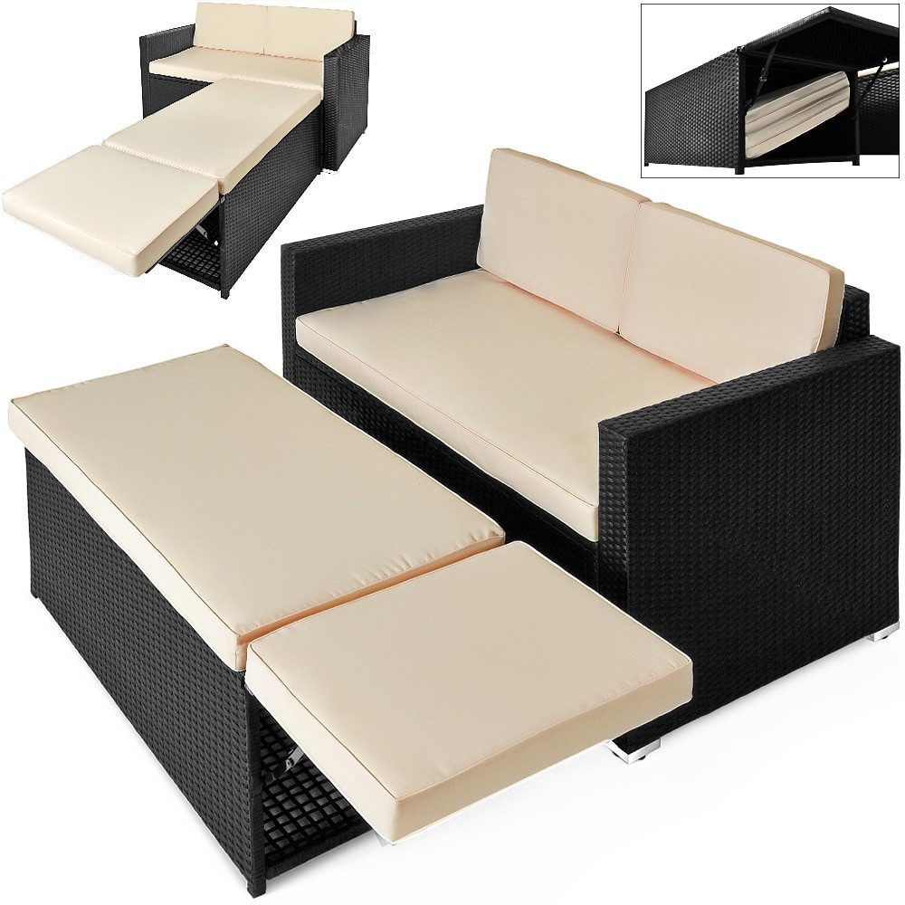 Deuba Loungeset, Gartensofa Ottomane Sitzbank Polyrattan 125x70cm Schwarz Sitzgruppe